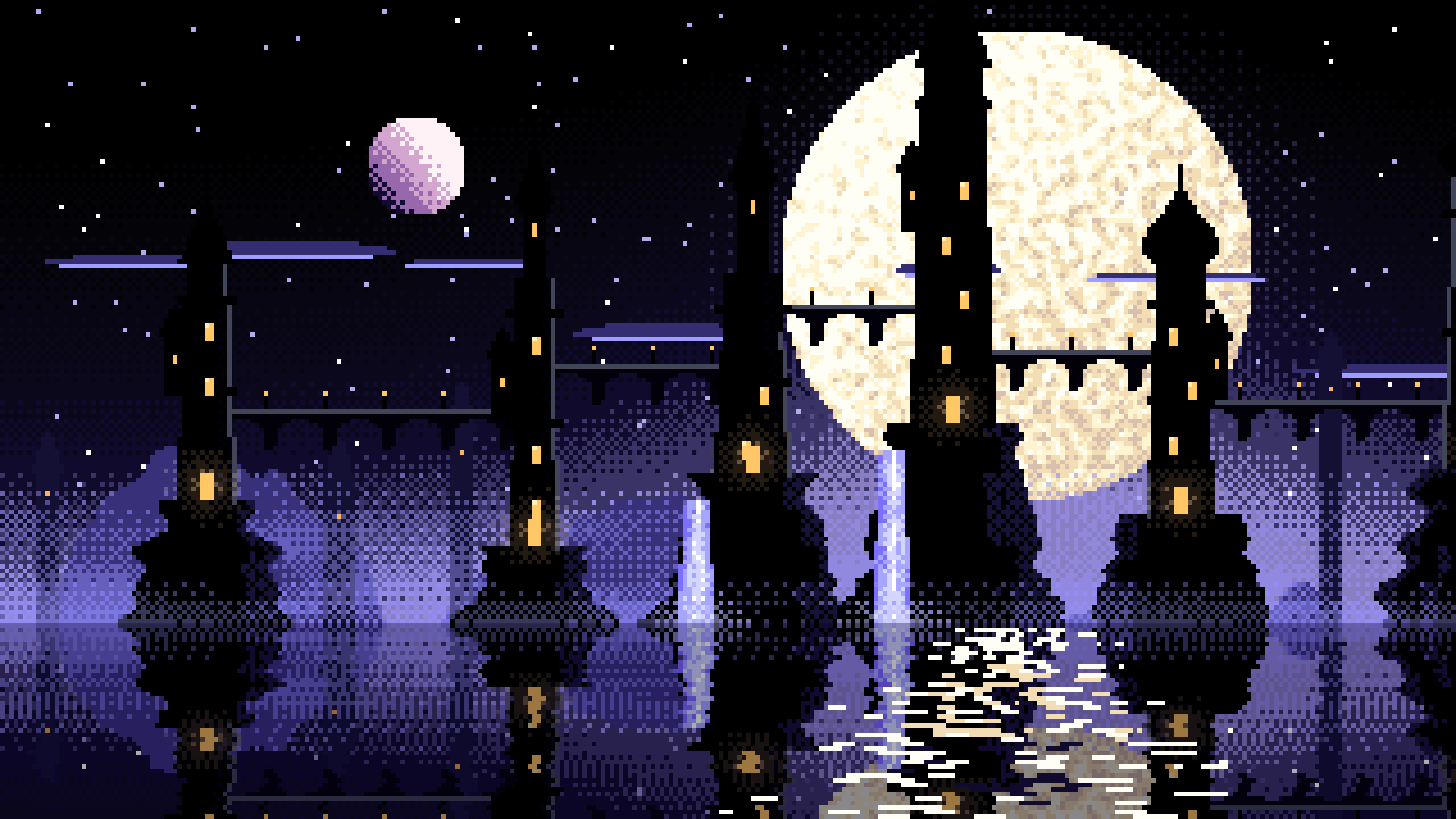 Black Pixel Art Fantasy City desktop wallpaper in 4K