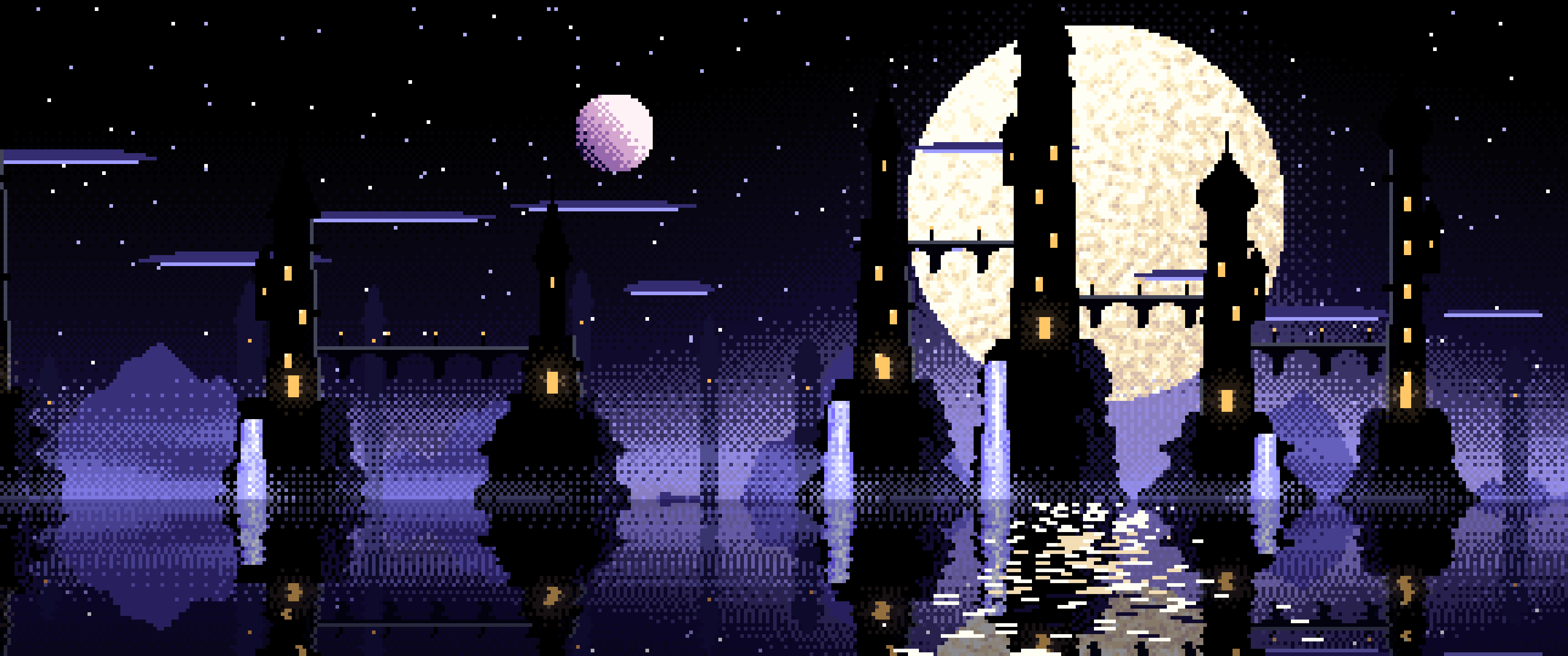 Black Pixel Art Fantasy City ultrawide wallpaper, 3440 × 1440