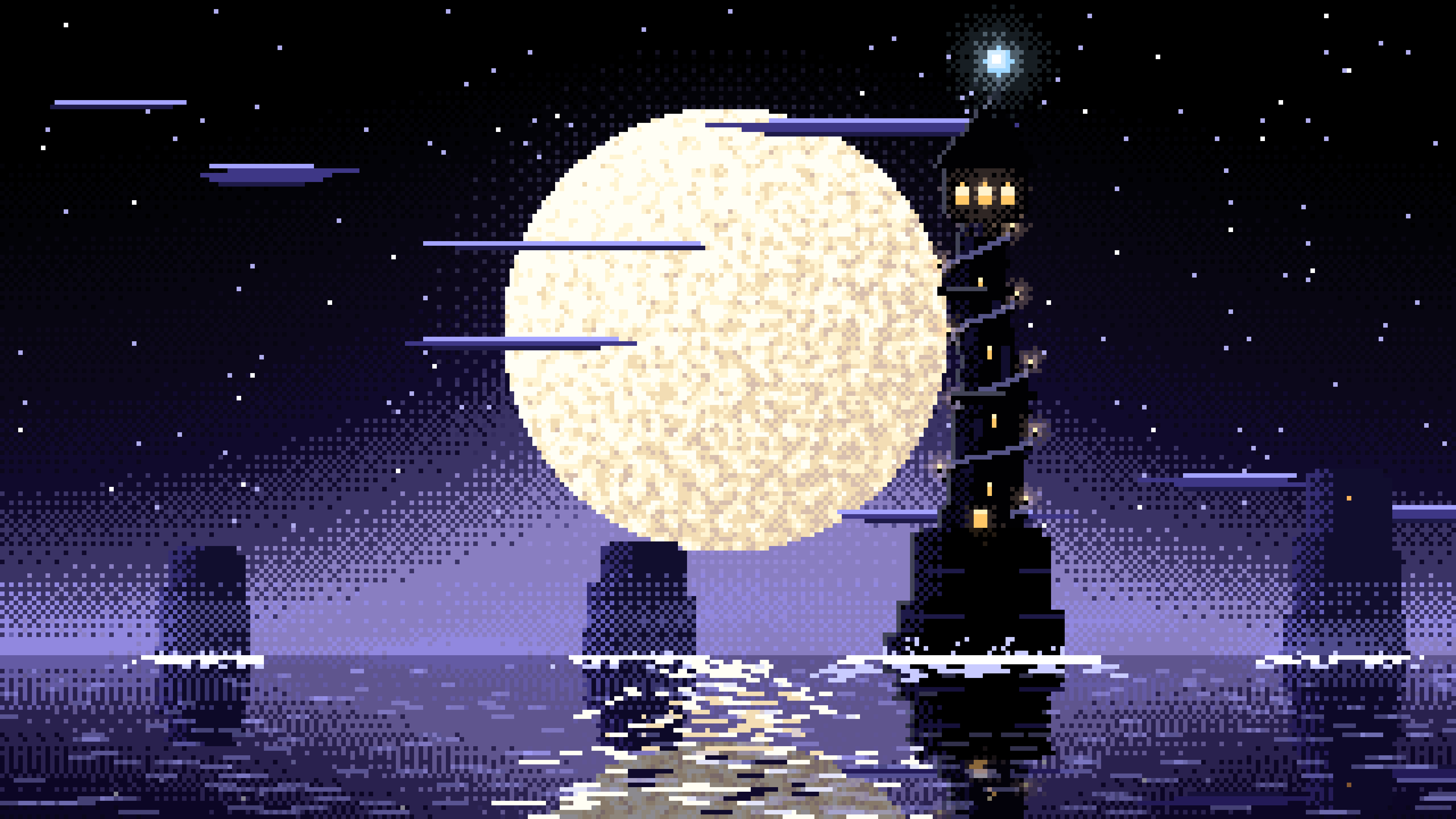 Black Pixel Art Fantasy Wizard Tower at Night desktop wallpaper in 4K