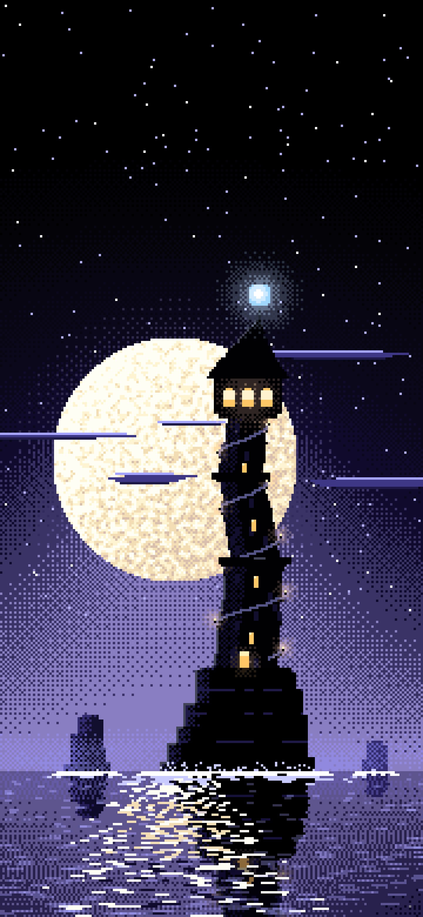 Black Pixel Art Fantasy Wizard Tower at Night wallpaper for iPhone and Android