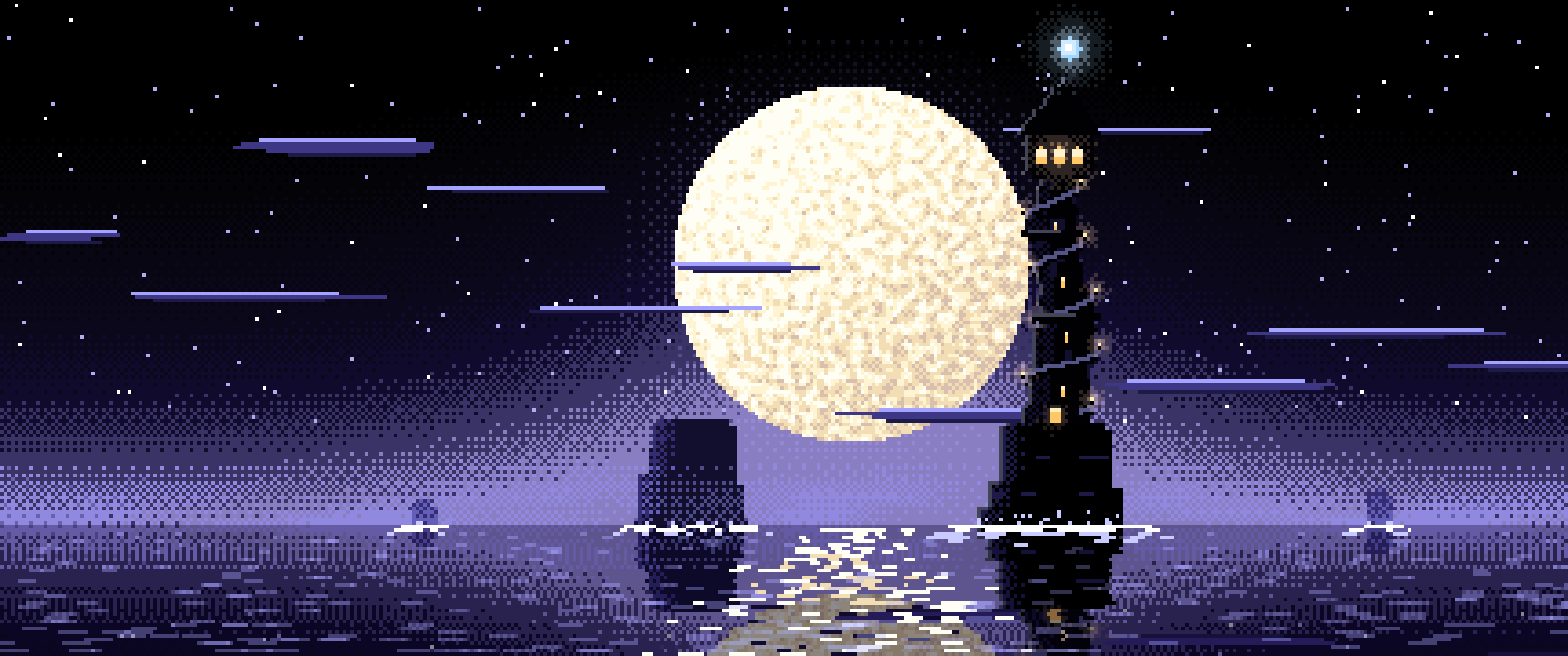 Black Pixel Art Fantasy Wizard Tower at Night ultrawide wallpaper, 3440 × 1440