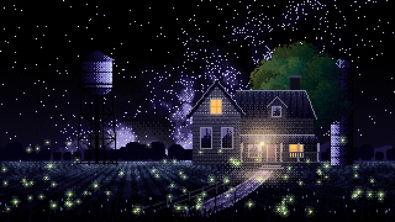 Black Pixel Art Farmhouse Under the Stars desktop wallpaper in 4K