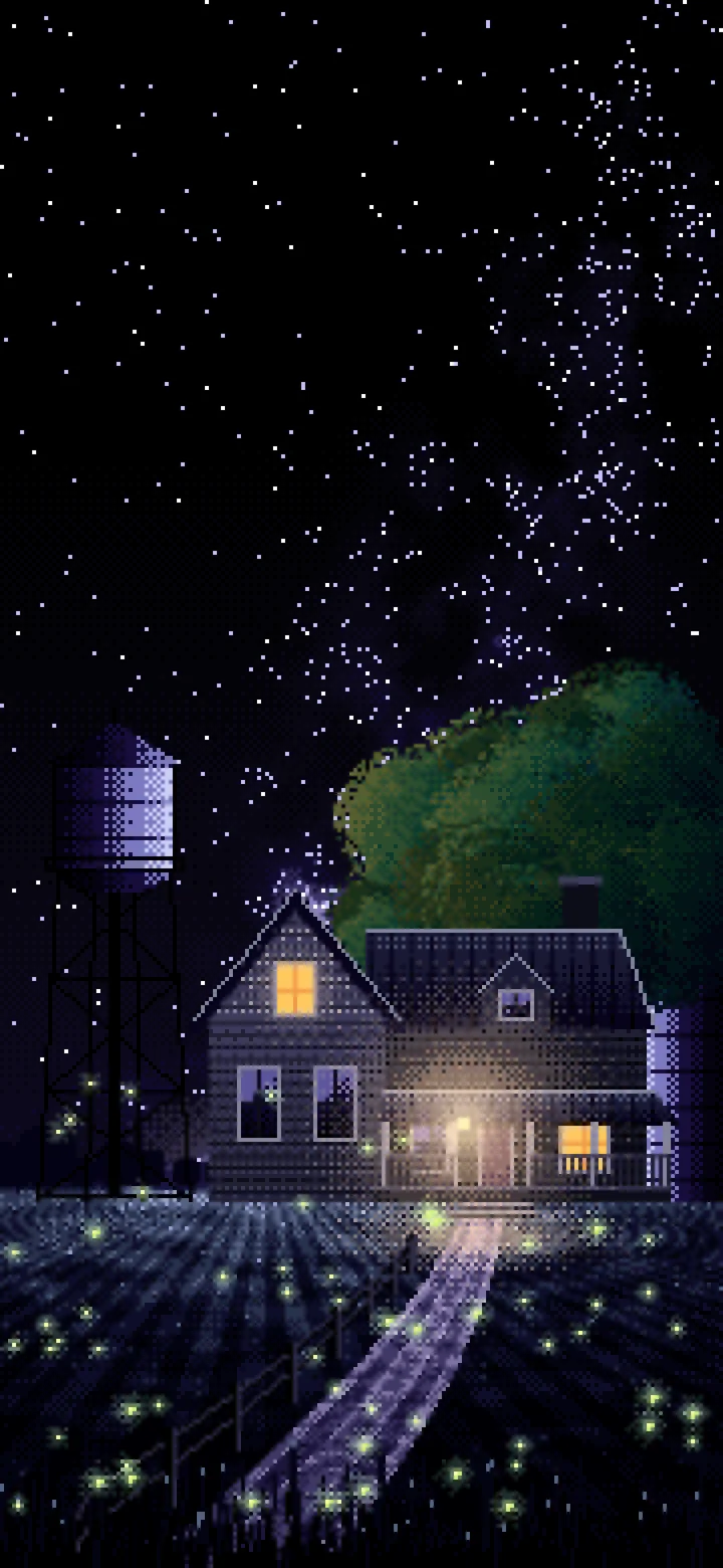 Black Pixel Art Farmhouse Under the Stars wallpaper for iPhone and Android