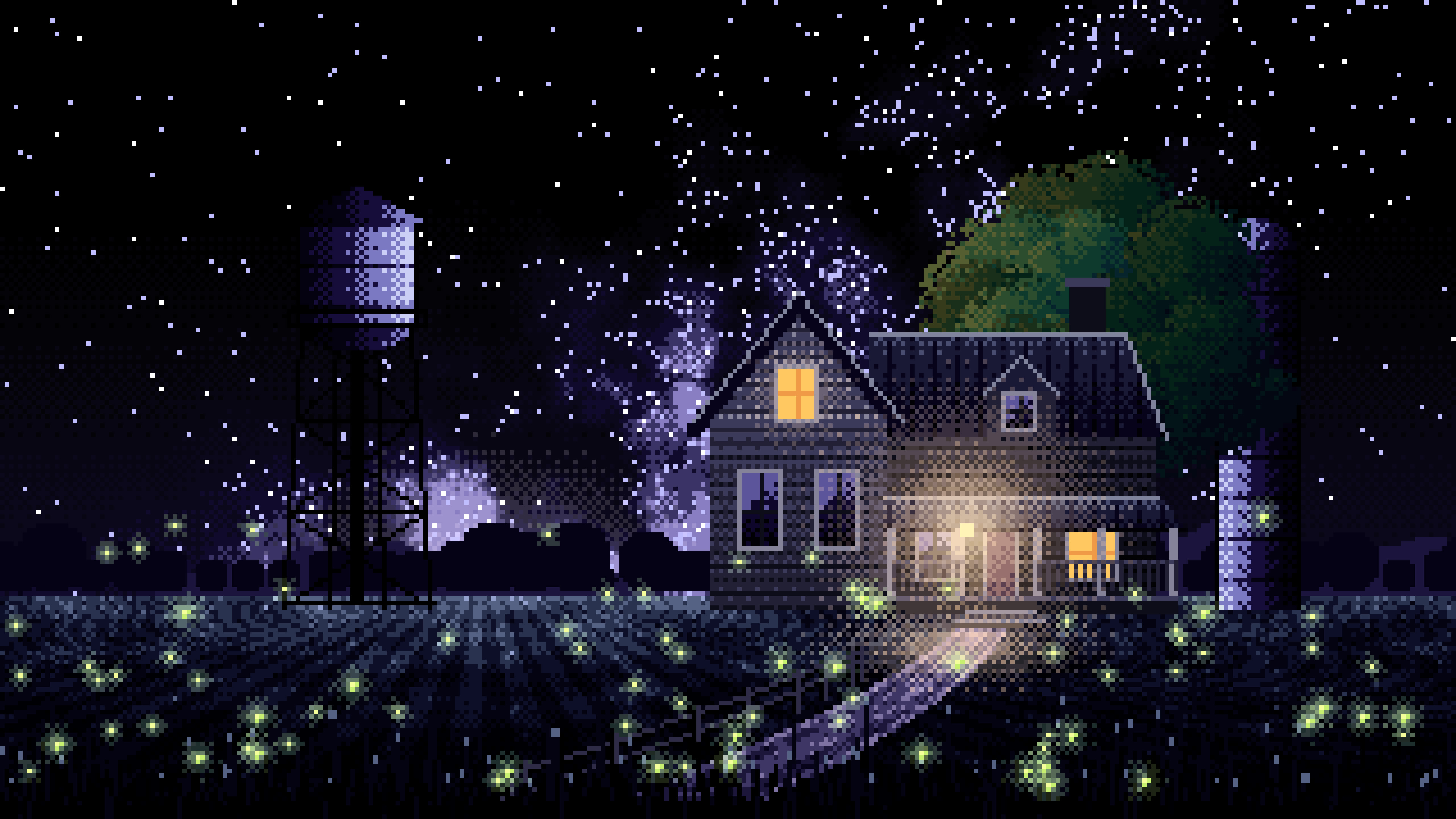 Black Pixel Art Farmhouse Under the Stars desktop wallpaper in 4K