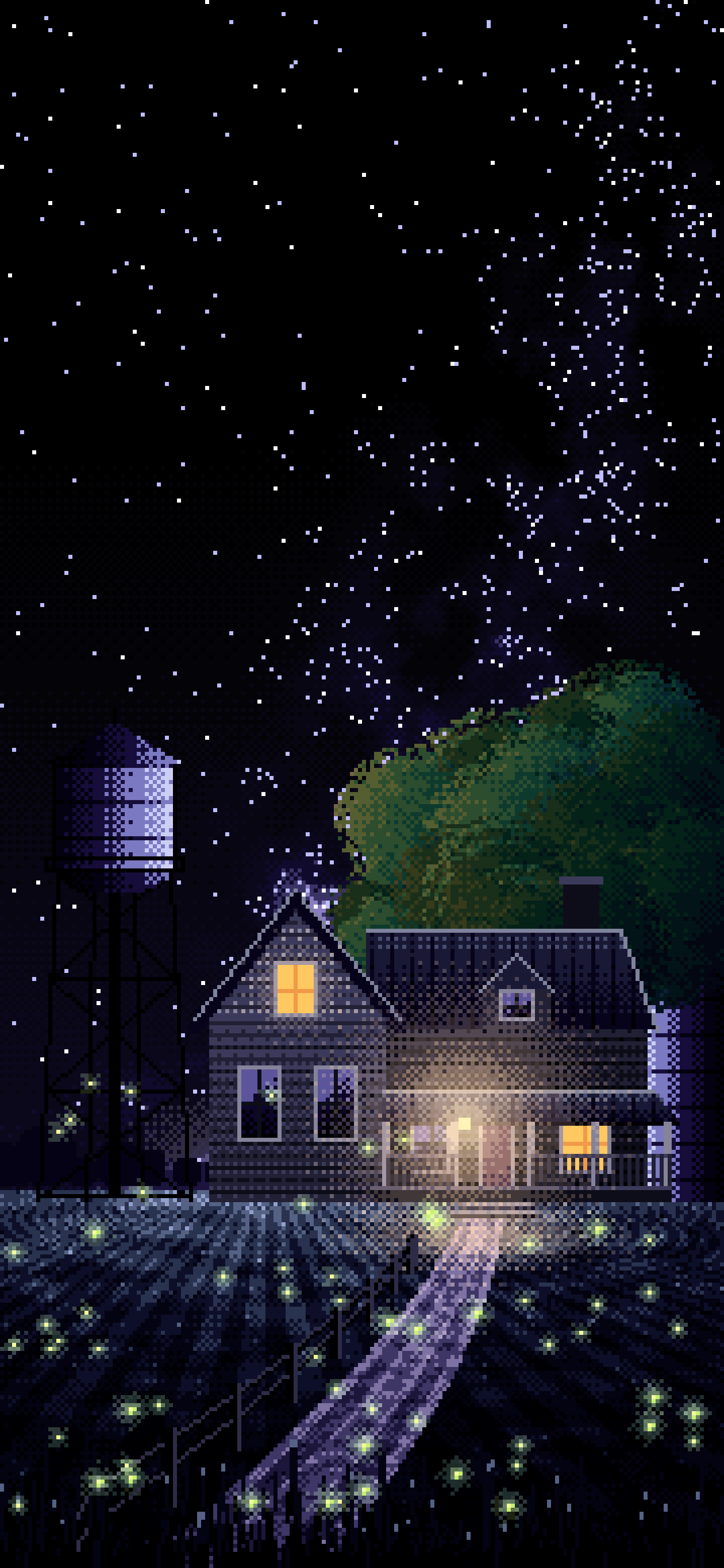 Black Pixel Art Farmhouse Under the Stars wallpaper for iPhone and Android