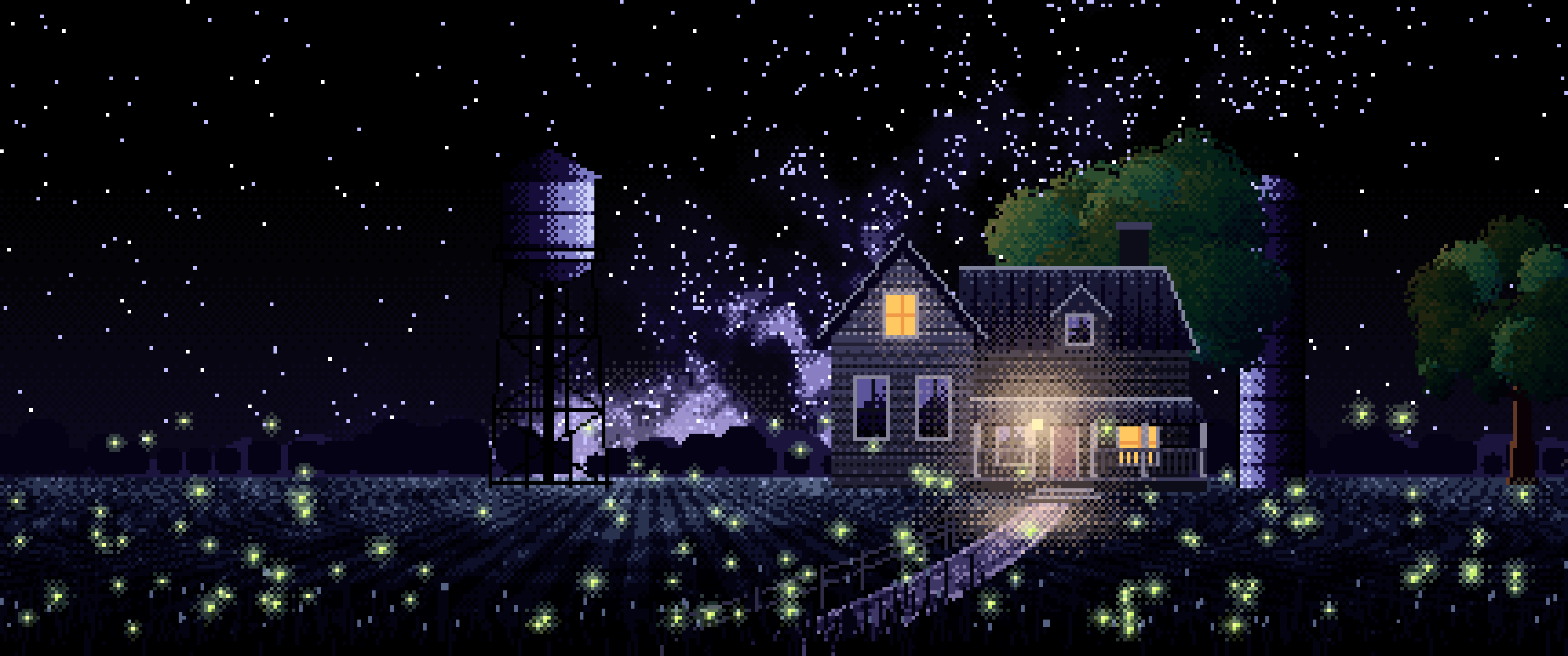 Black Pixel Art Farmhouse Under the Stars ultrawide wallpaper, 3440 × 1440