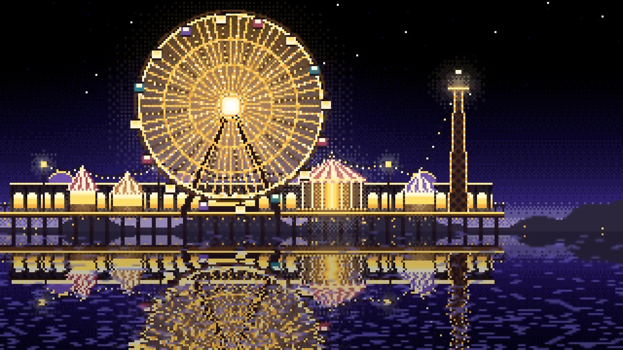 Black Pixel Art Ferris Wheel Lights at Night desktop wallpaper in 4K