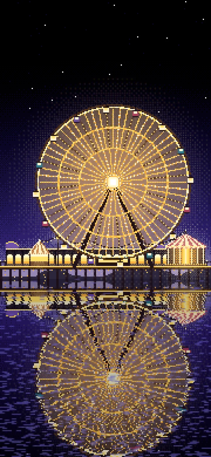 Black Pixel Art Ferris Wheel Lights at Night wallpaper for iPhone and Android