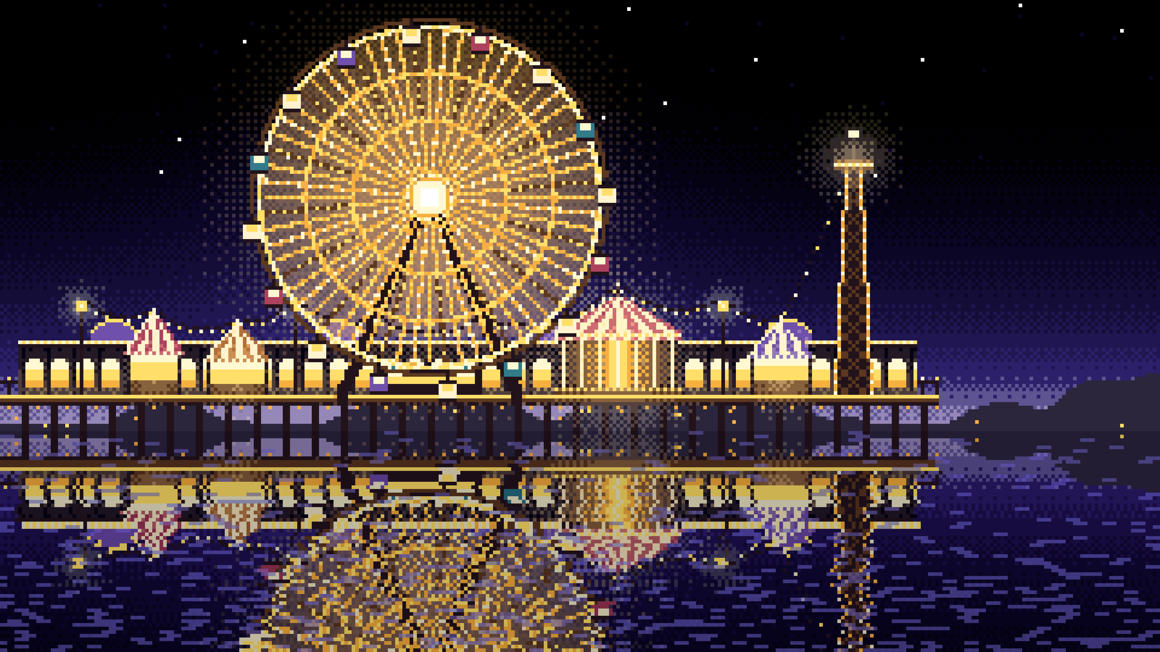 Black Pixel Art Ferris Wheel Lights at Night desktop wallpaper in 4K