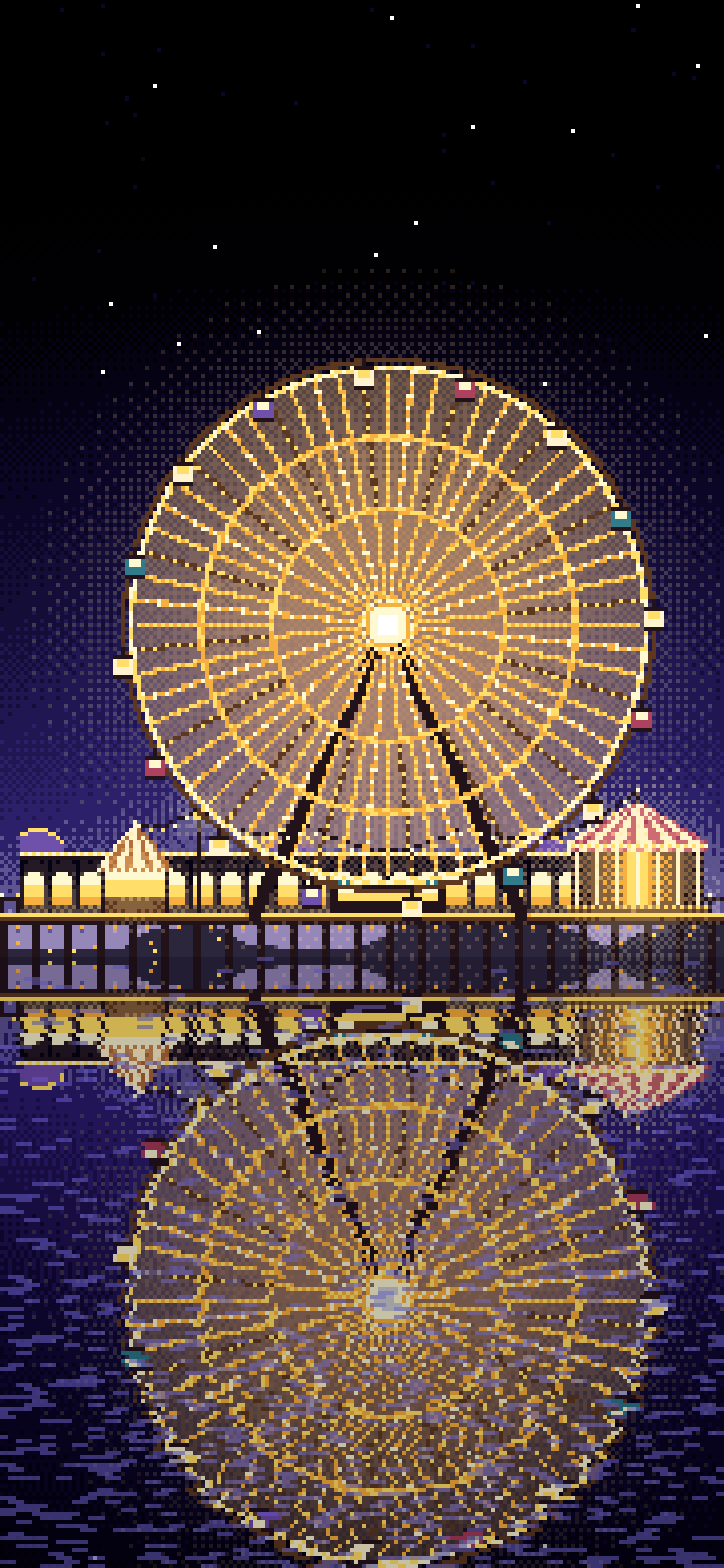 Black Pixel Art Ferris Wheel Lights at Night wallpaper for iPhone and Android