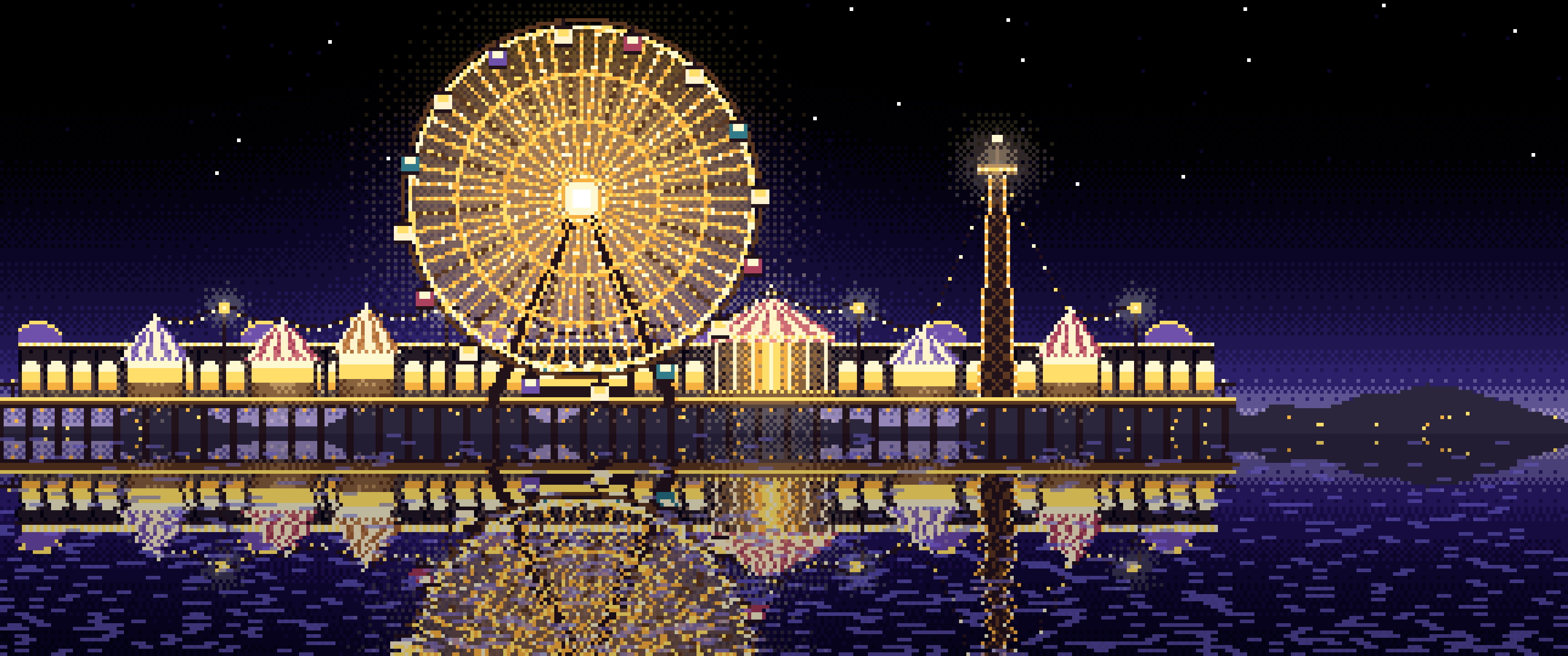 Black Pixel Art Ferris Wheel Lights at Night ultrawide wallpaper, 3440 × 1440