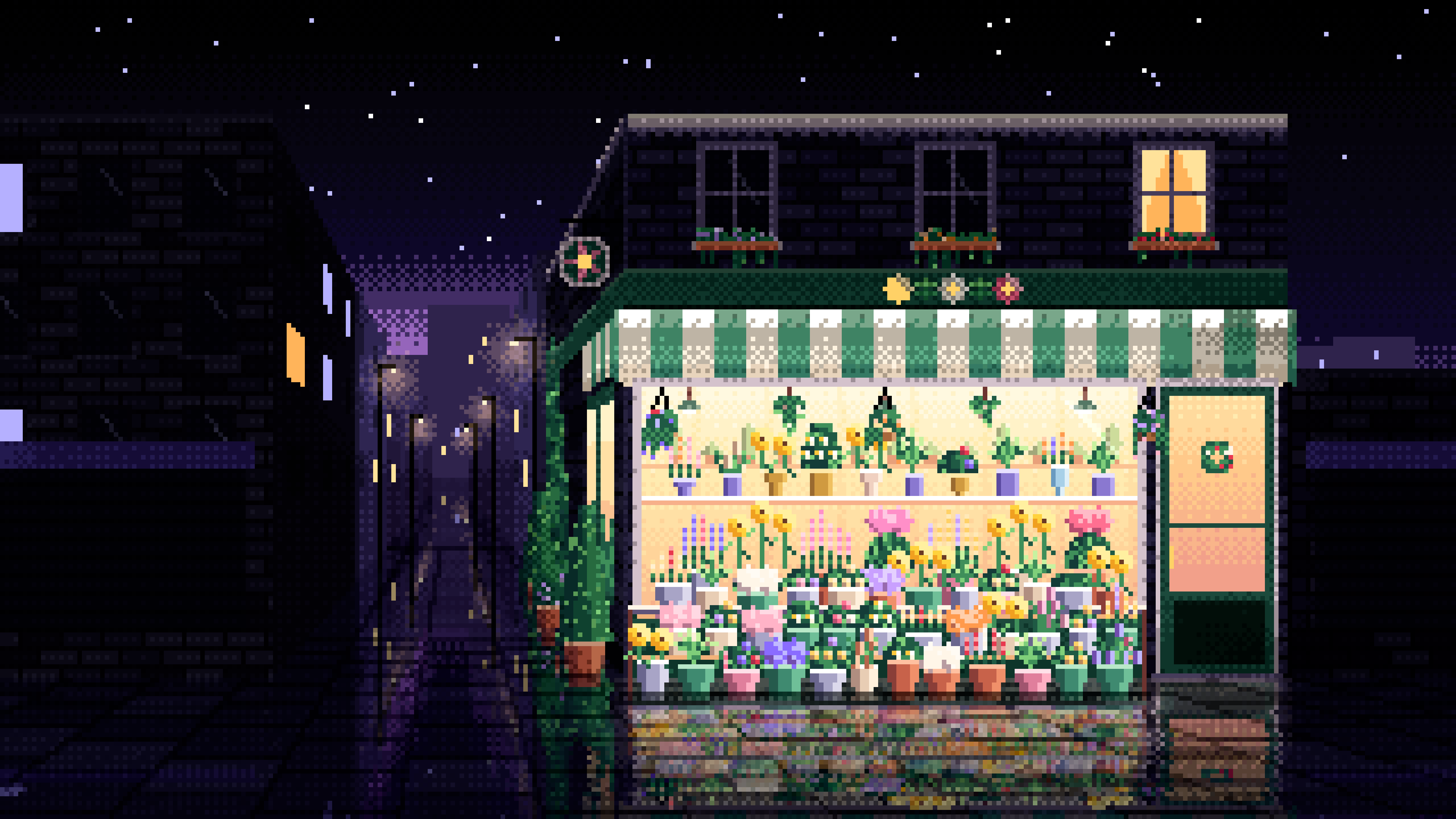 Black Pixel Art Flower Shop desktop wallpaper in 4K