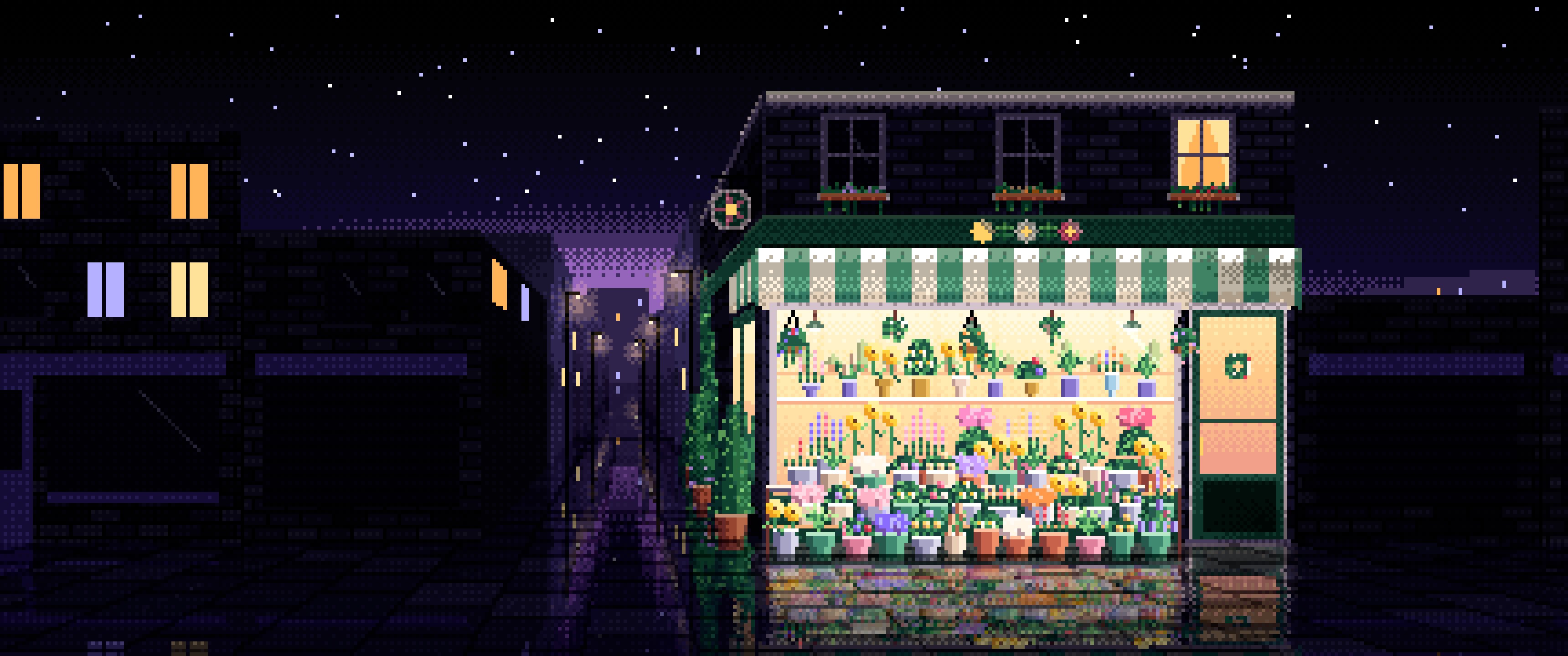 Black Pixel Art Flower Shop ultrawide wallpaper, 3440 × 1440