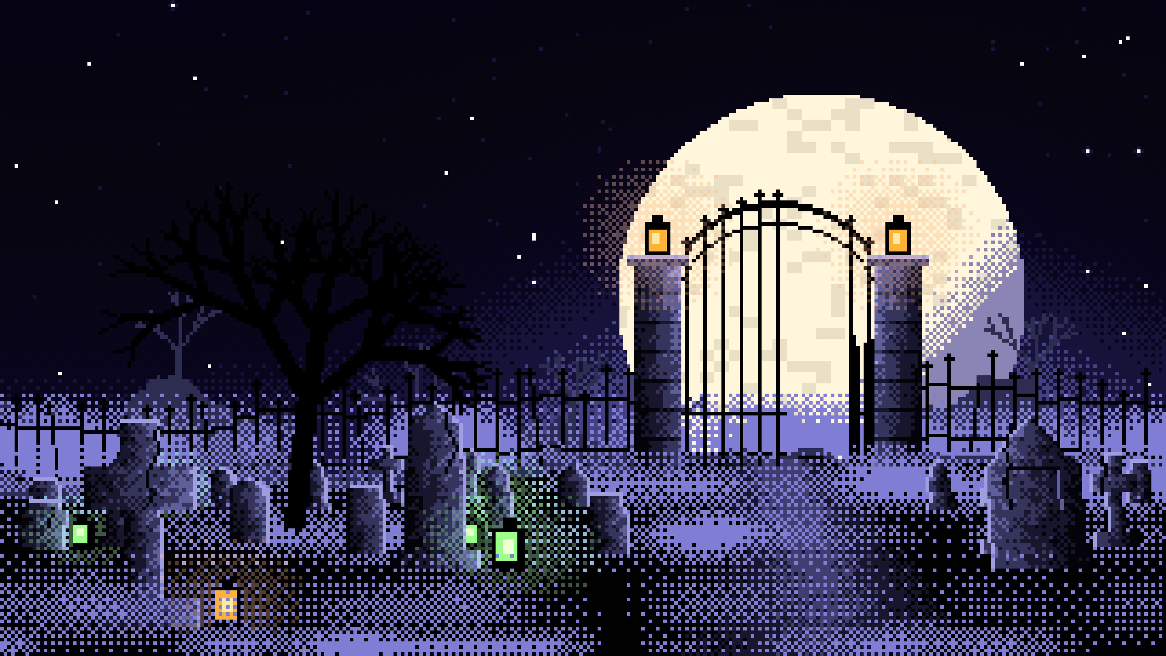 Black Pixel Art Foggy Graveyard at Night desktop wallpaper in 4K