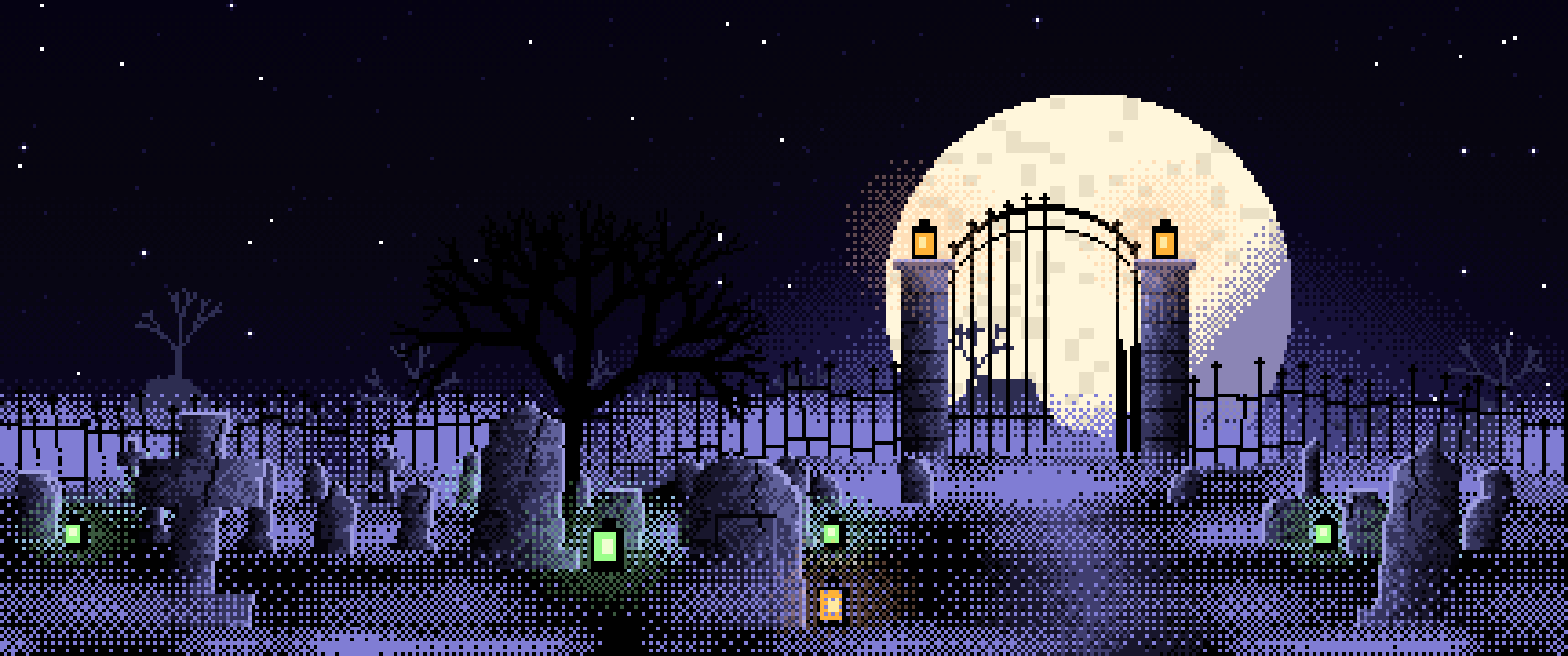 Black Pixel Art Foggy Graveyard at Night ultrawide wallpaper, 3440 × 1440