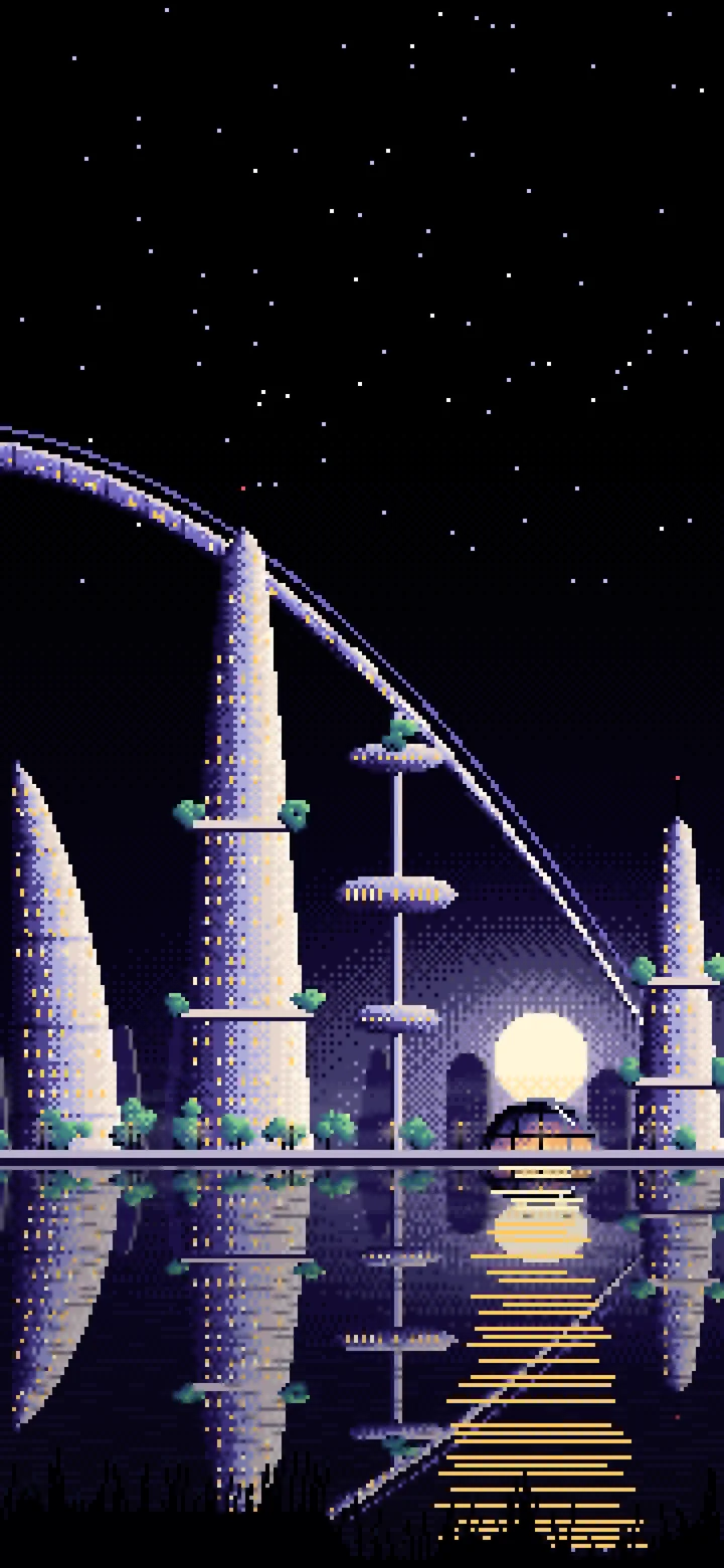 Black Pixel Art Futuristic Skyline Under an Orbital Ring wallpaper for iPhone and Android