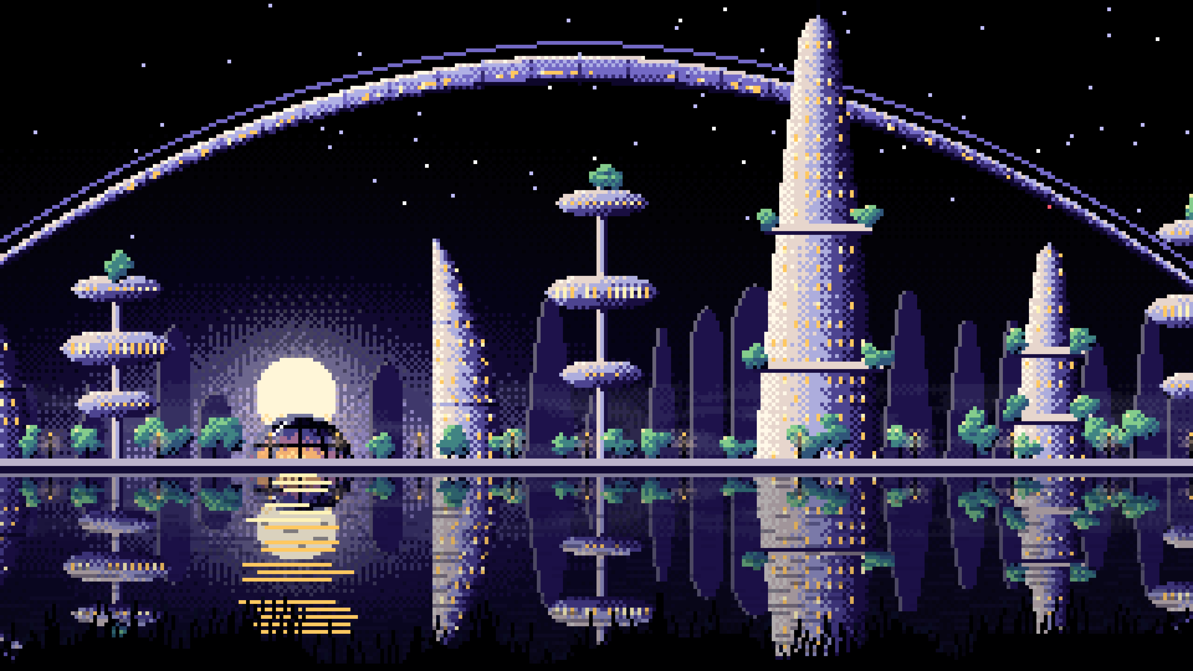 Black Pixel Art Futuristic Skyline Under an Orbital Ring desktop wallpaper in 4K
