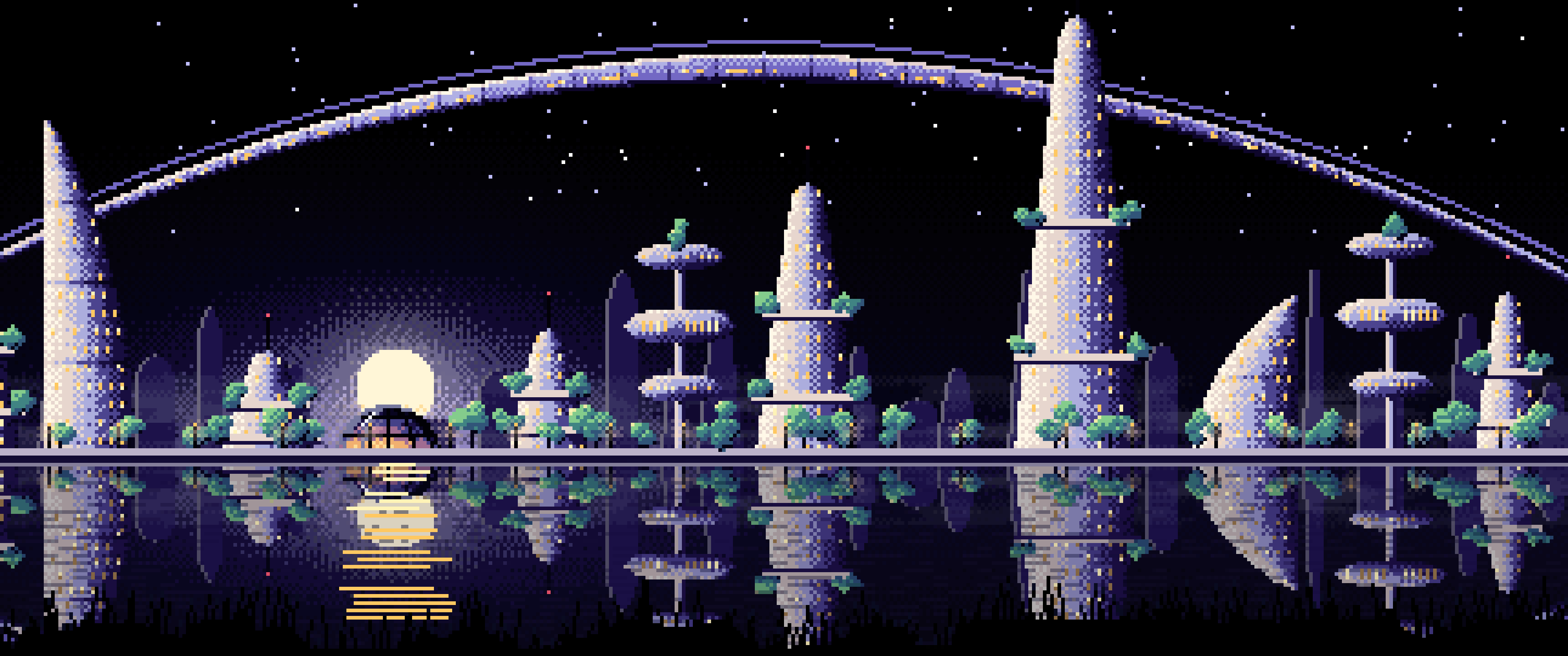 Black Pixel Art Futuristic Skyline Under an Orbital Ring ultrawide wallpaper, 3440 × 1440