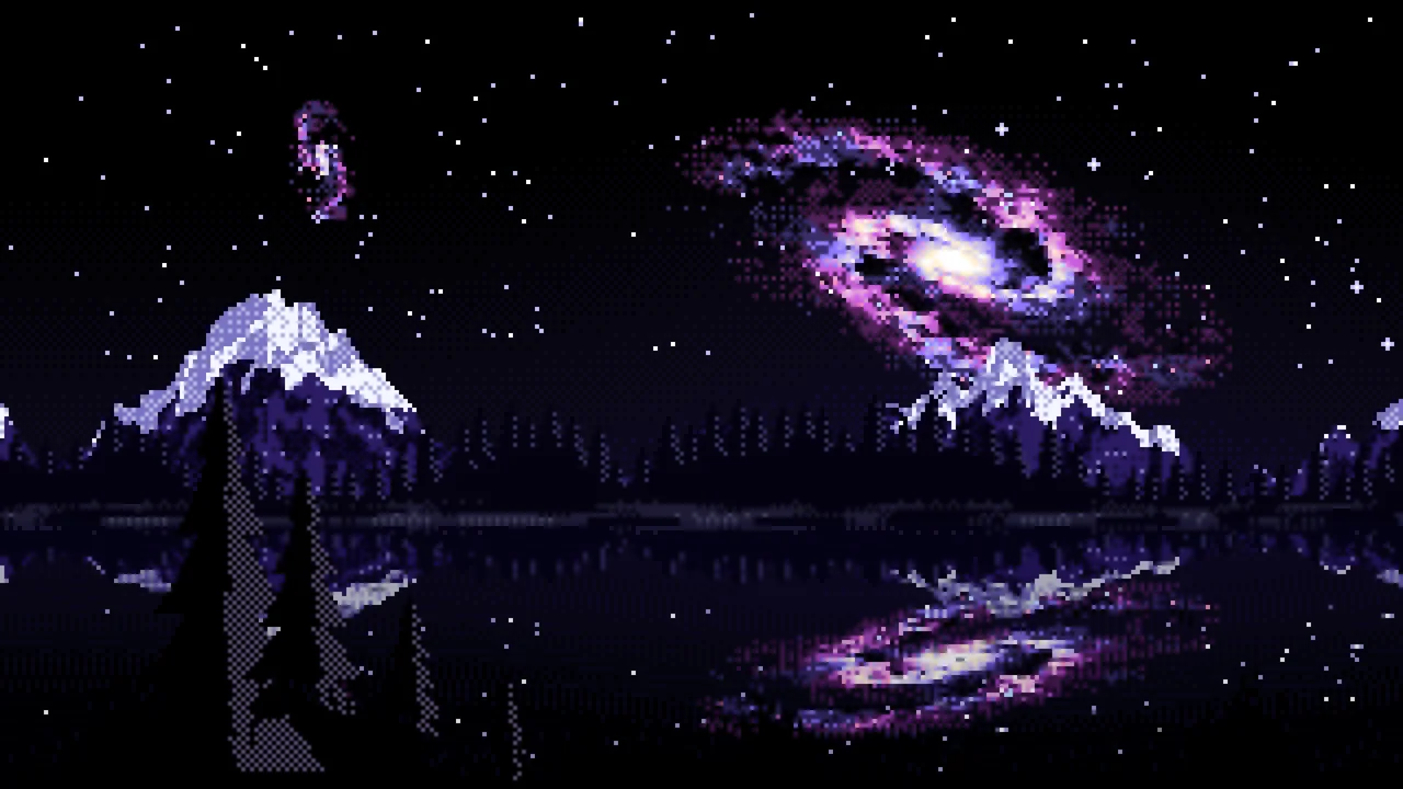 Black Pixel Art Galaxy Over a Mountain Lake desktop wallpaper in 4K
