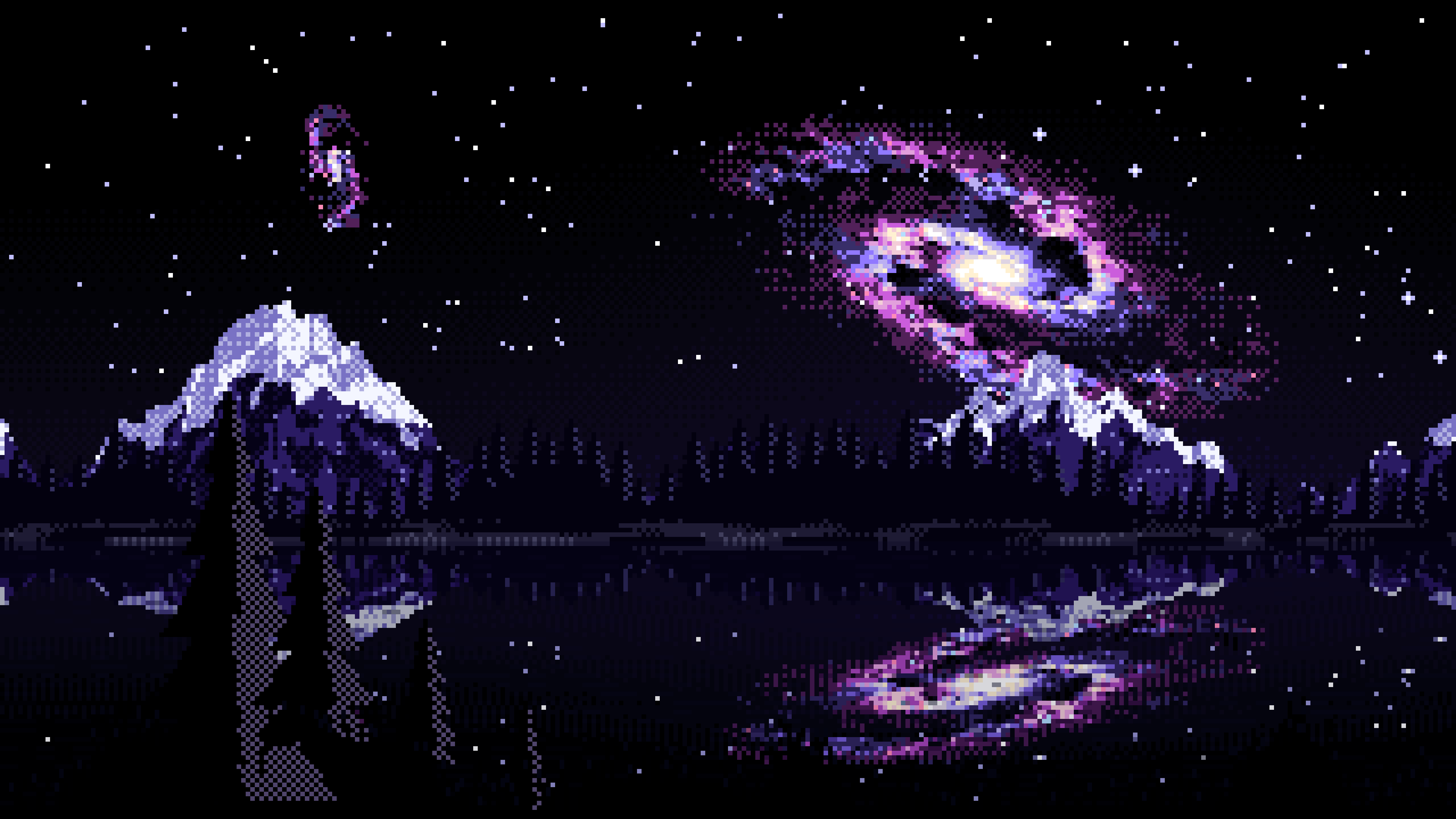 Black Pixel Art Galaxy Over a Mountain Lake desktop wallpaper in 4K