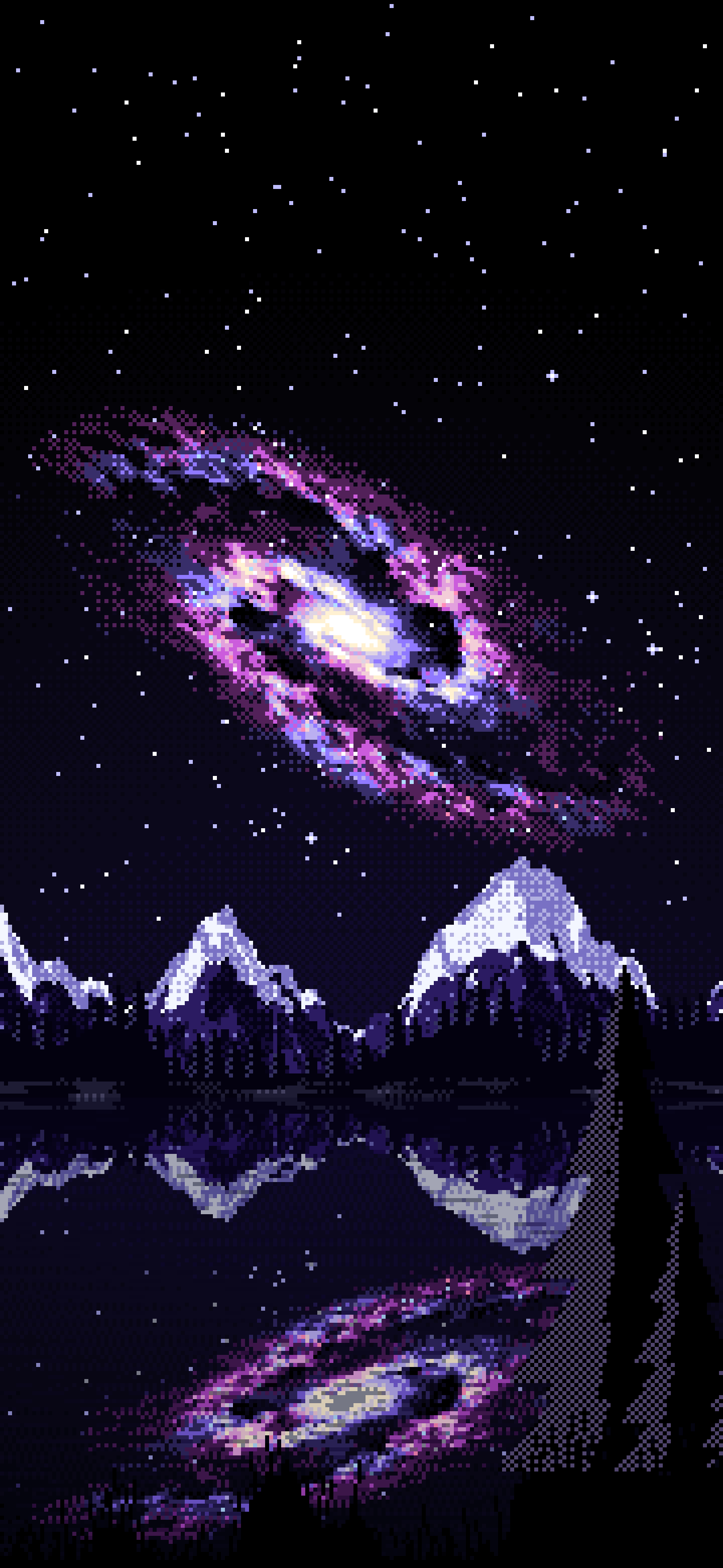 Black Pixel Art Galaxy Over a Mountain Lake wallpaper for iPhone and Android