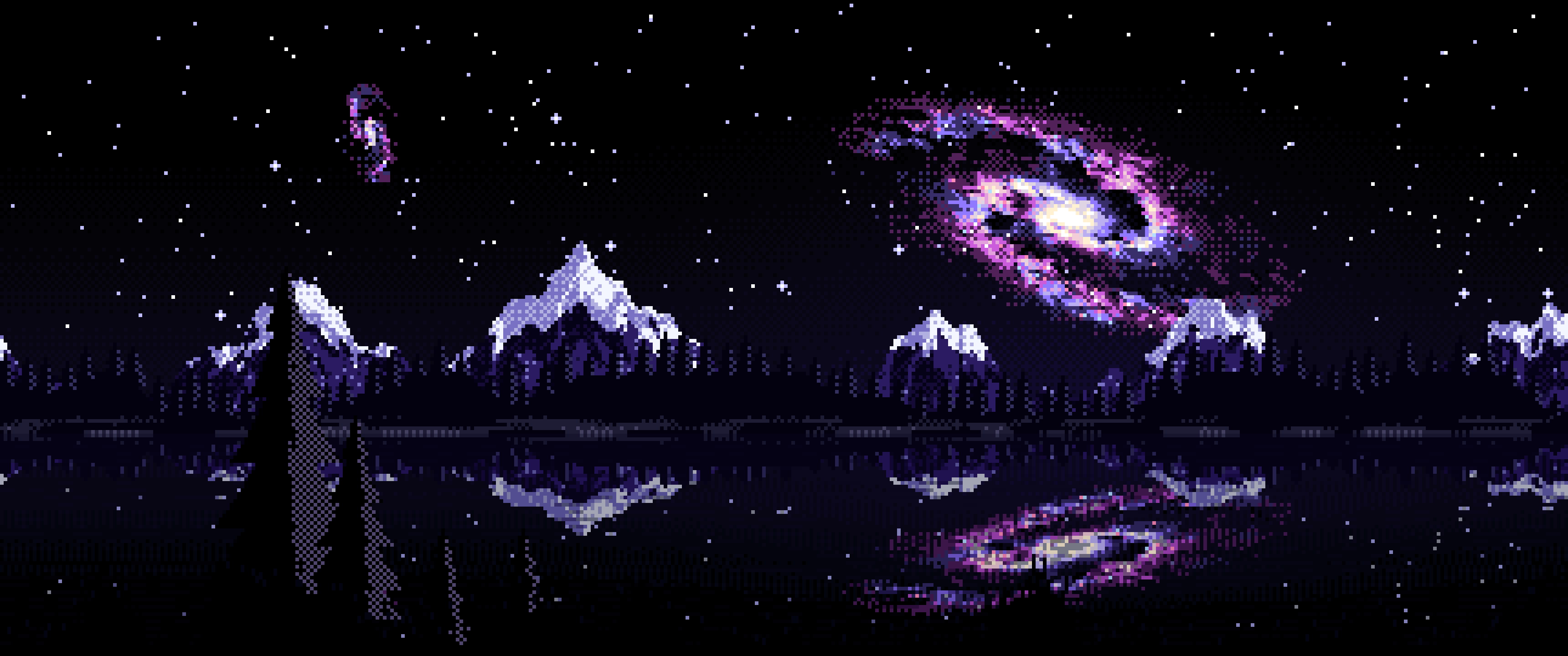 Black Pixel Art Galaxy Over a Mountain Lake ultrawide wallpaper, 3440 × 1440