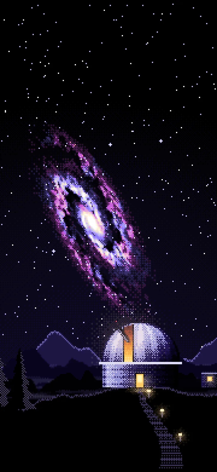 Black Pixel Art Galaxy Over an Observatory wallpaper for iPhone and Android