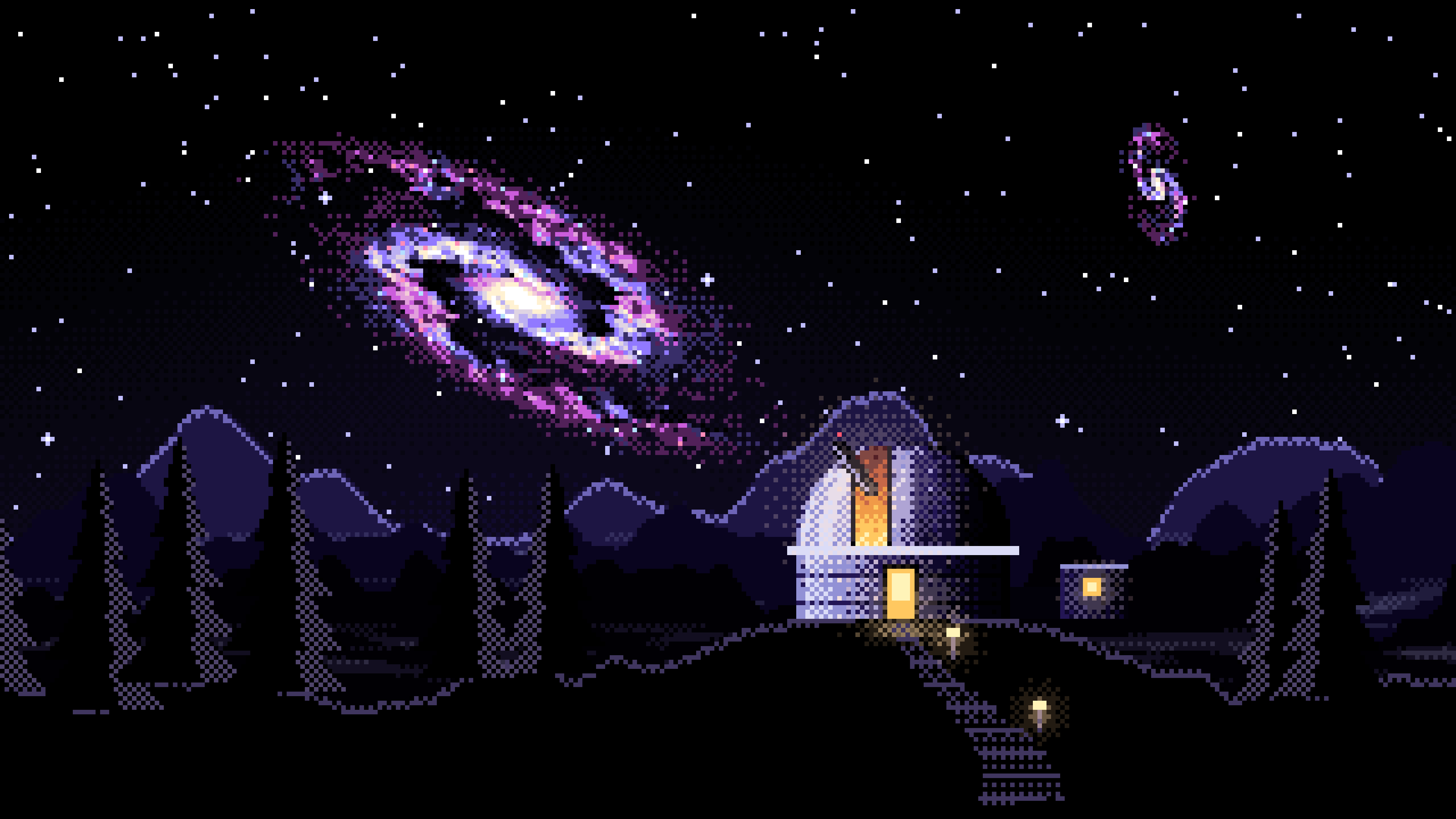 Black Pixel Art Galaxy Over an Observatory desktop wallpaper in 4K