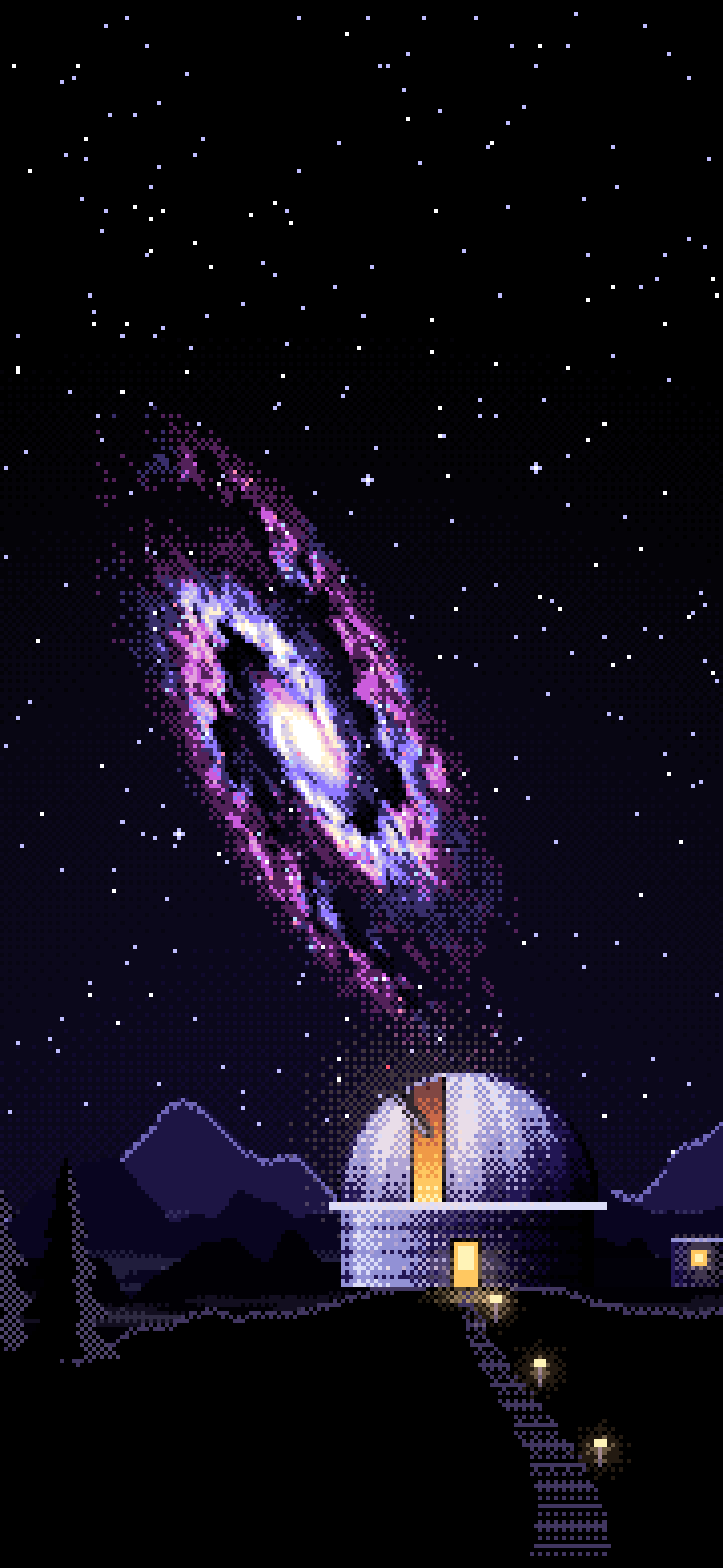 Black Pixel Art Galaxy Over an Observatory wallpaper for iPhone and Android