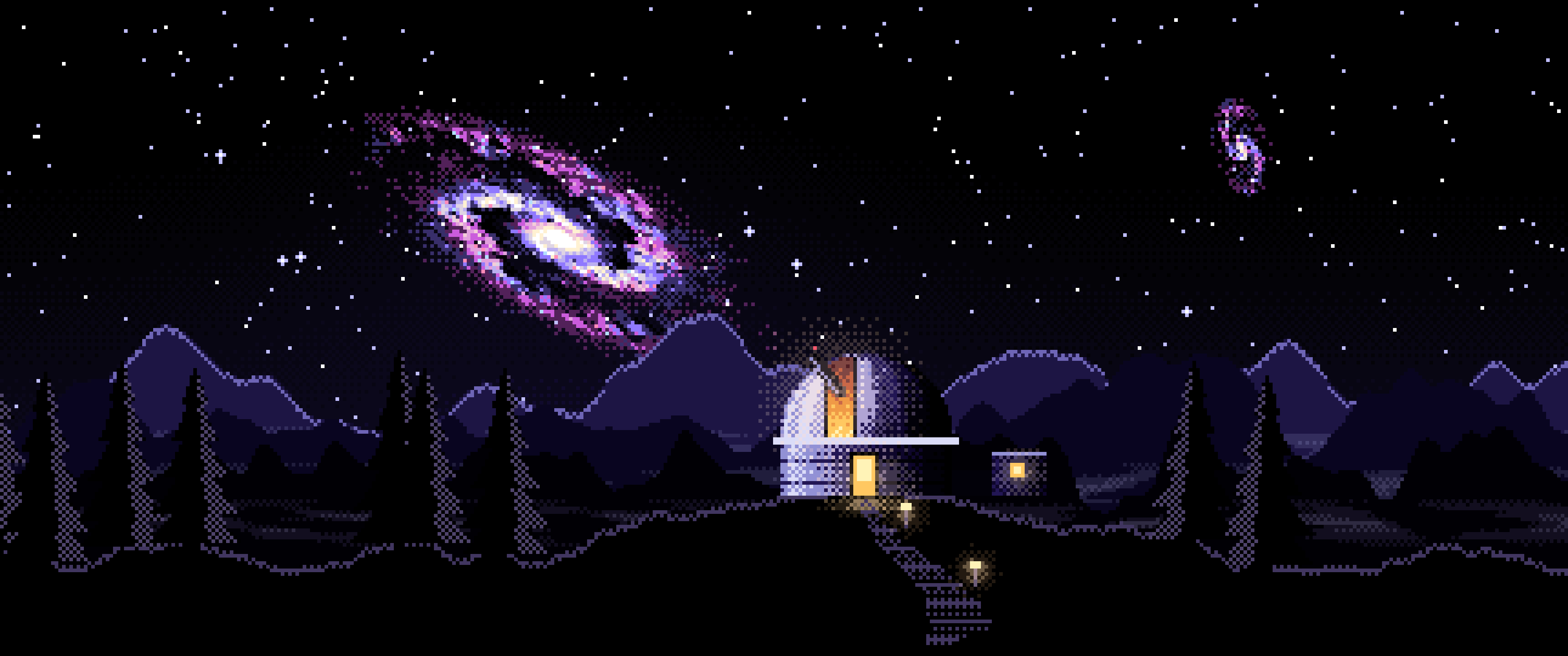 Black Pixel Art Galaxy Over an Observatory ultrawide wallpaper, 3440 × 1440