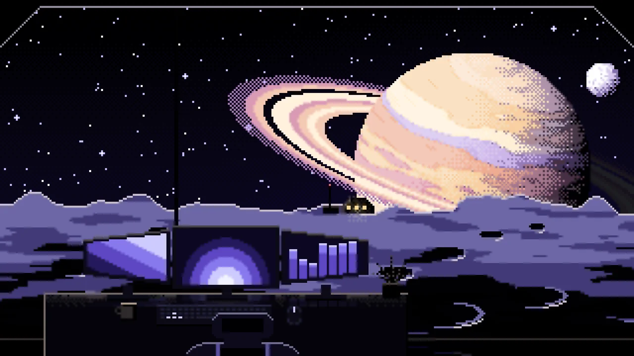 Black Pixel Art Gaming Setup Before a Ringed Planet desktop wallpaper in 4K