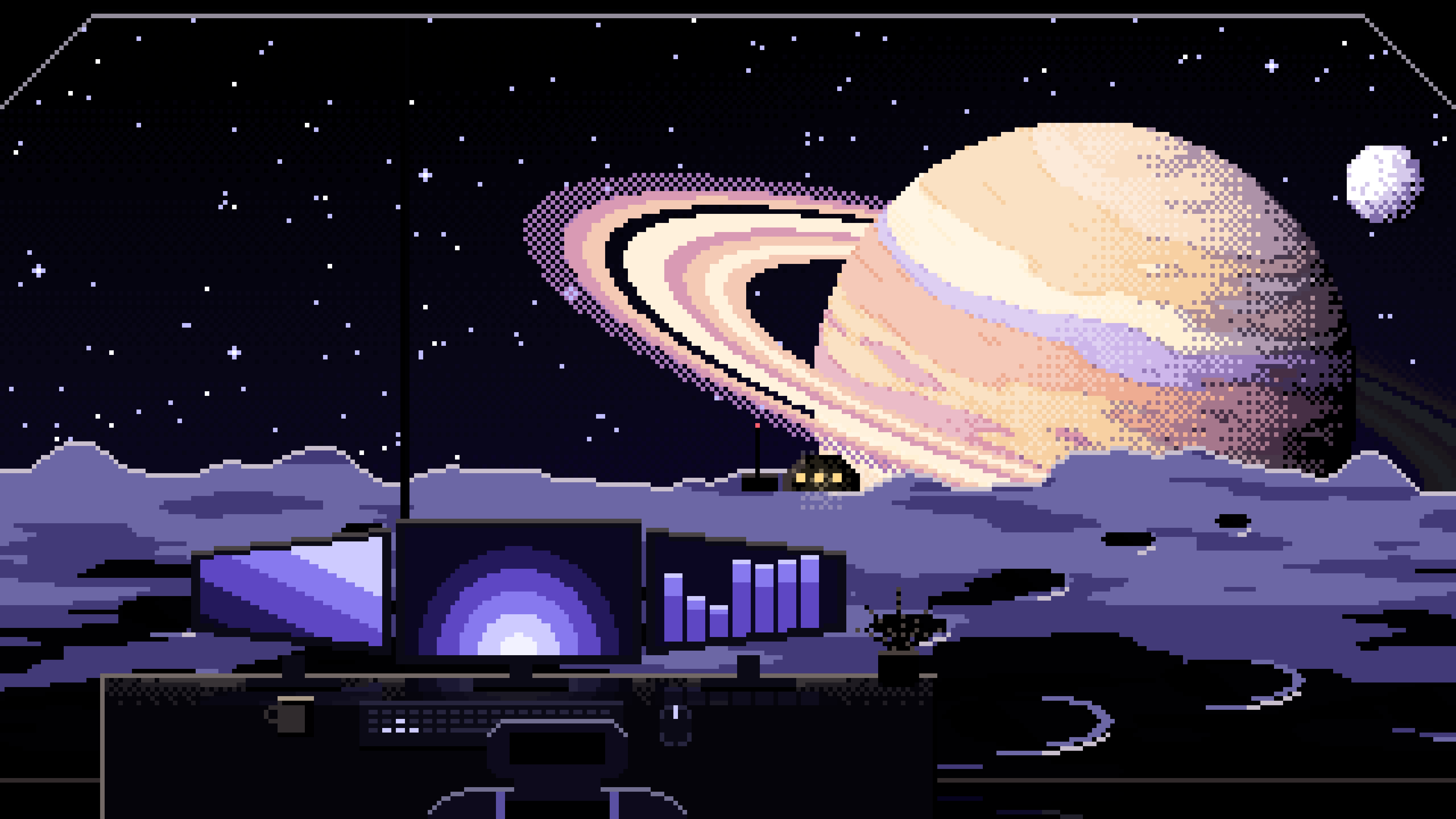 Black Pixel Art Gaming Setup Before a Ringed Planet desktop wallpaper in 4K