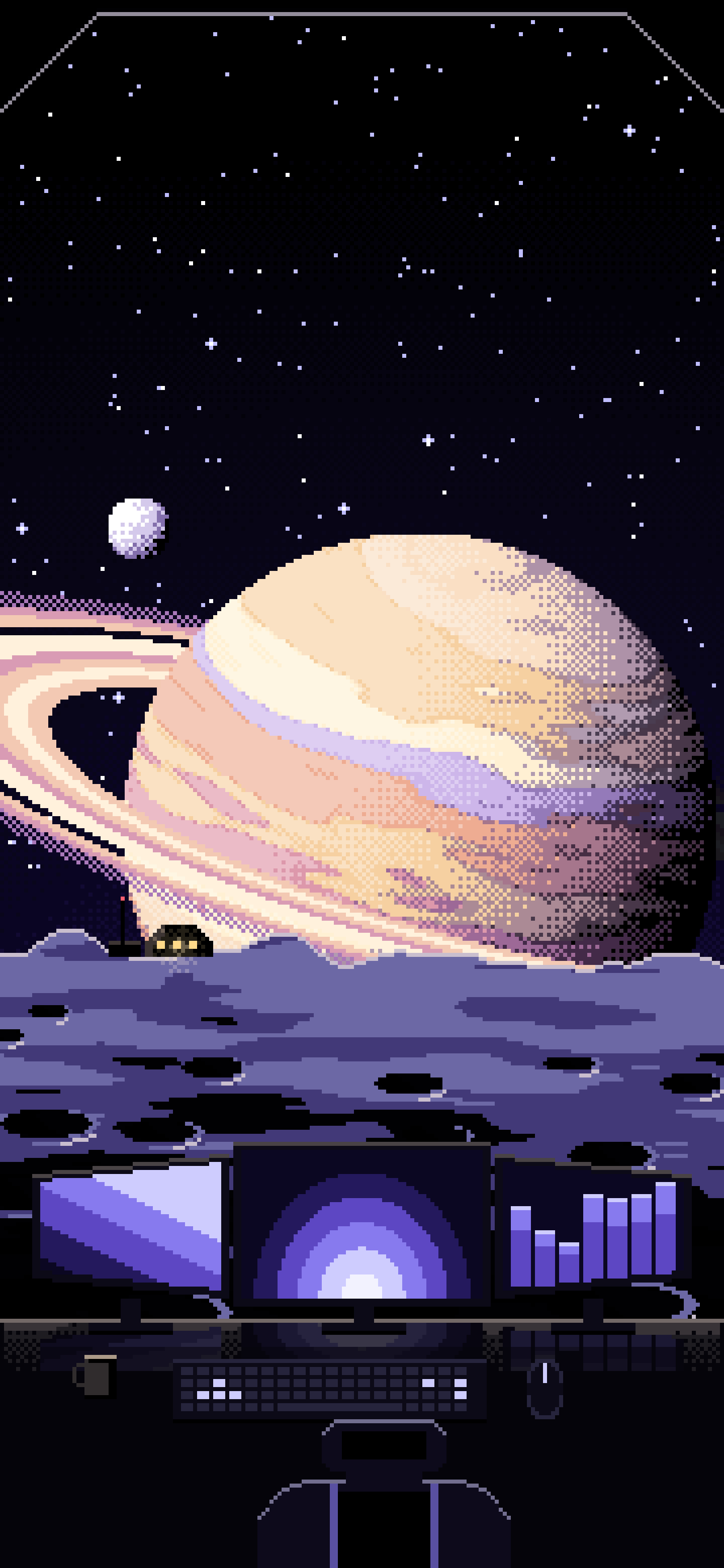 Black Pixel Art Gaming Setup Before a Ringed Planet wallpaper for iPhone and Android