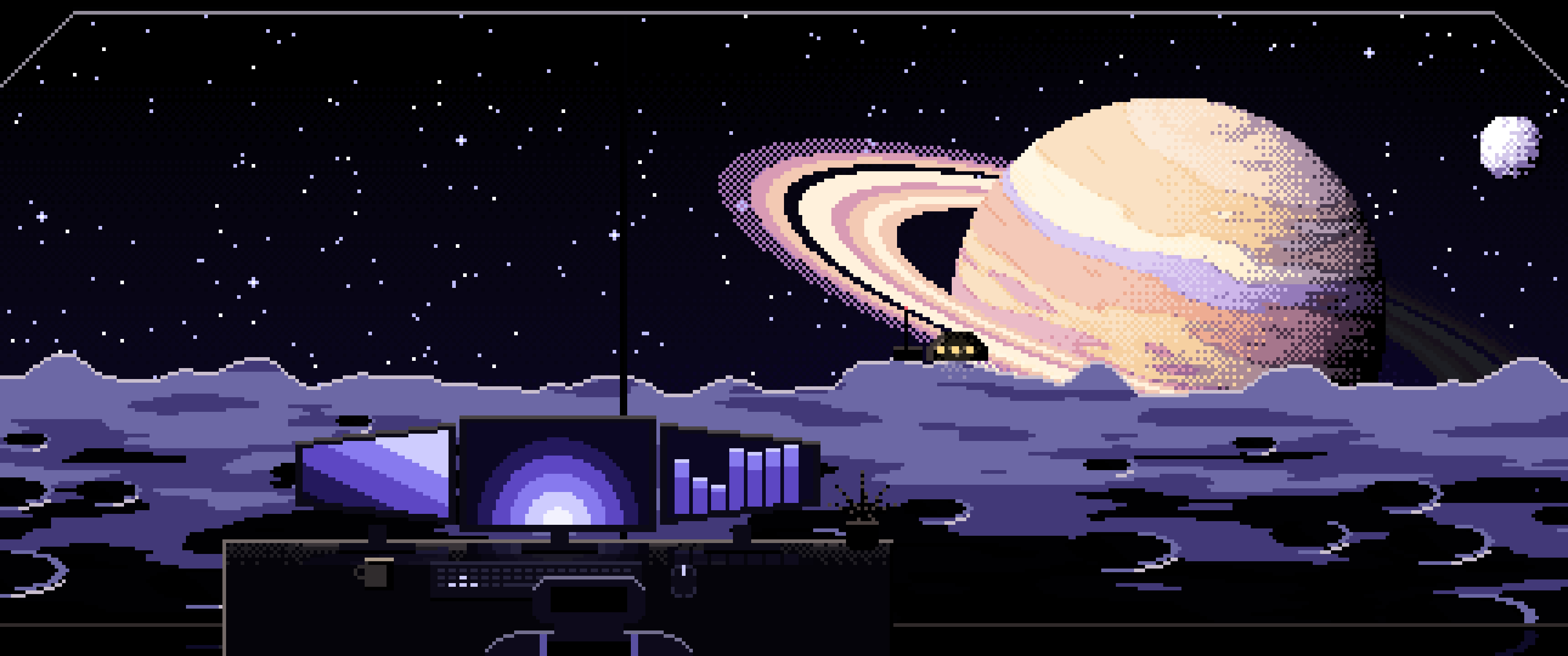 Black Pixel Art Gaming Setup Before a Ringed Planet ultrawide wallpaper, 3440 × 1440