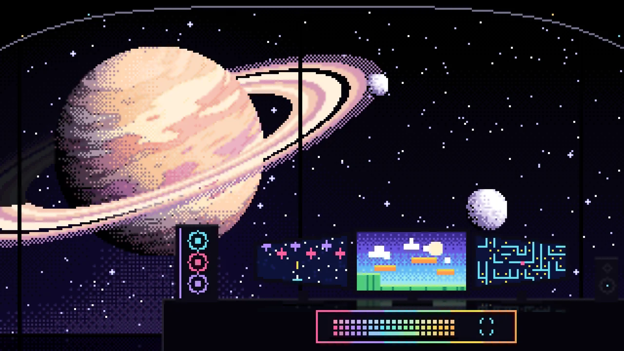 Black Pixel Art Gaming Setup in Space desktop wallpaper in 4K