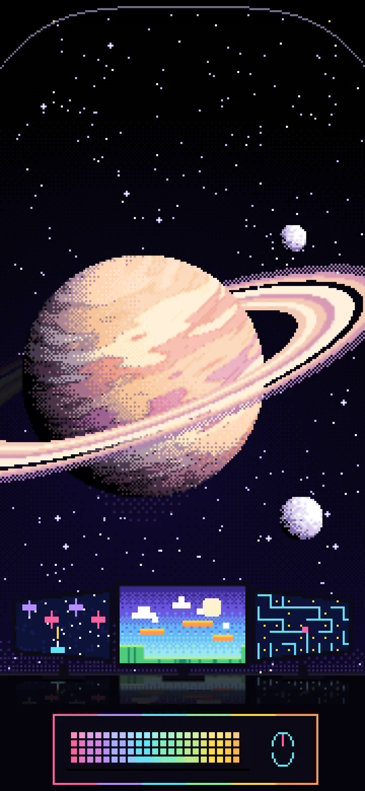 Black Pixel Art Gaming Setup in Space wallpaper for iPhone and Android