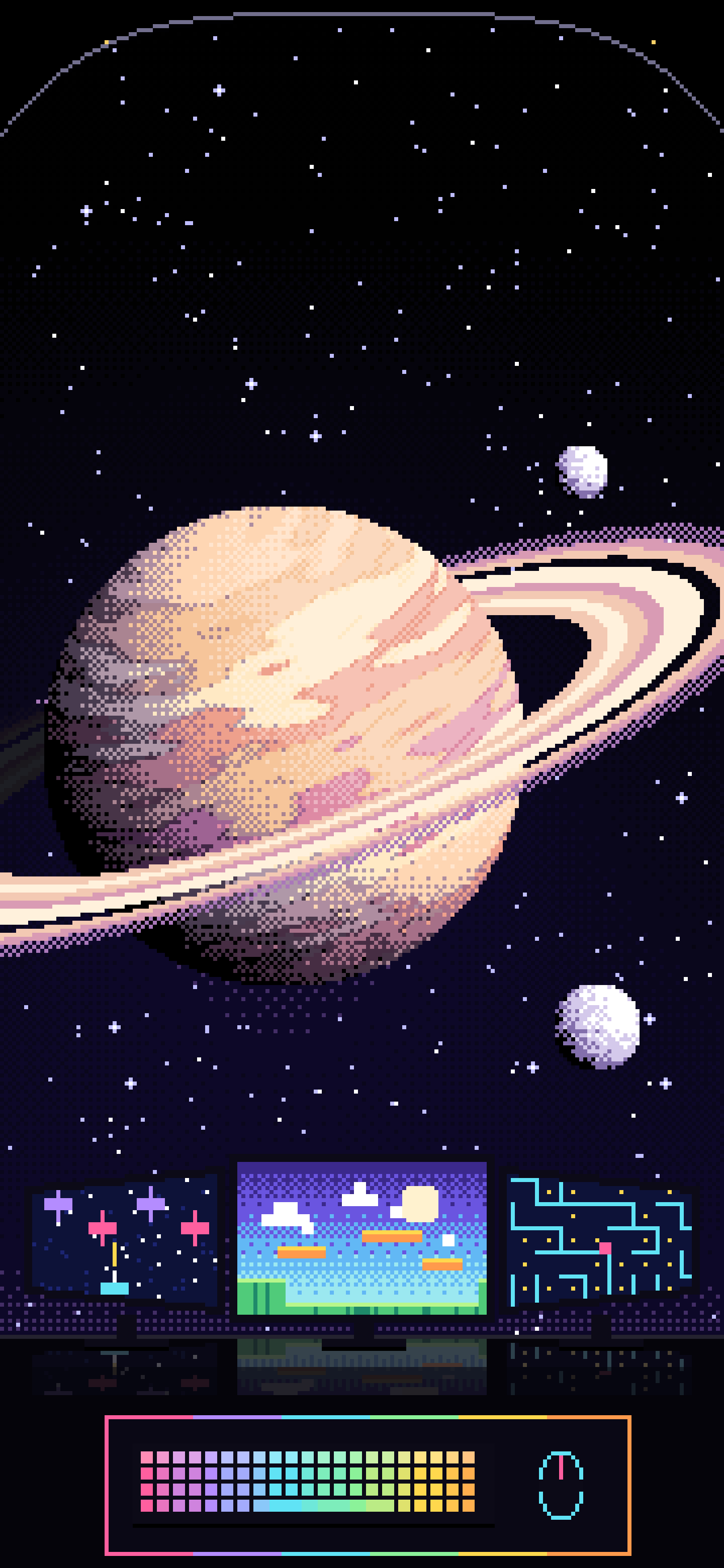 Black Pixel Art Gaming Setup in Space wallpaper for iPhone and Android