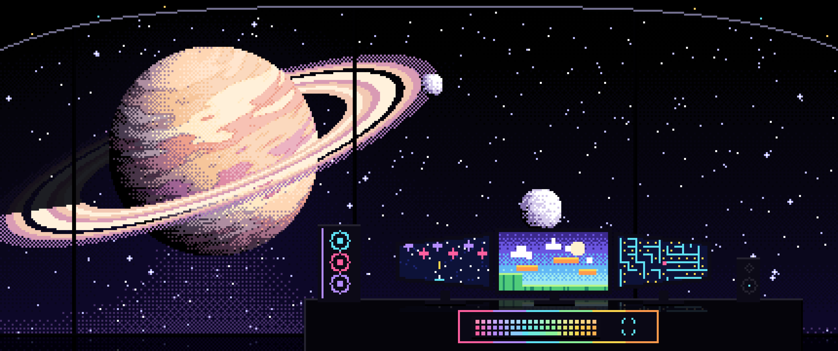 Black Pixel Art Gaming Setup in Space ultrawide wallpaper, 3440 × 1440