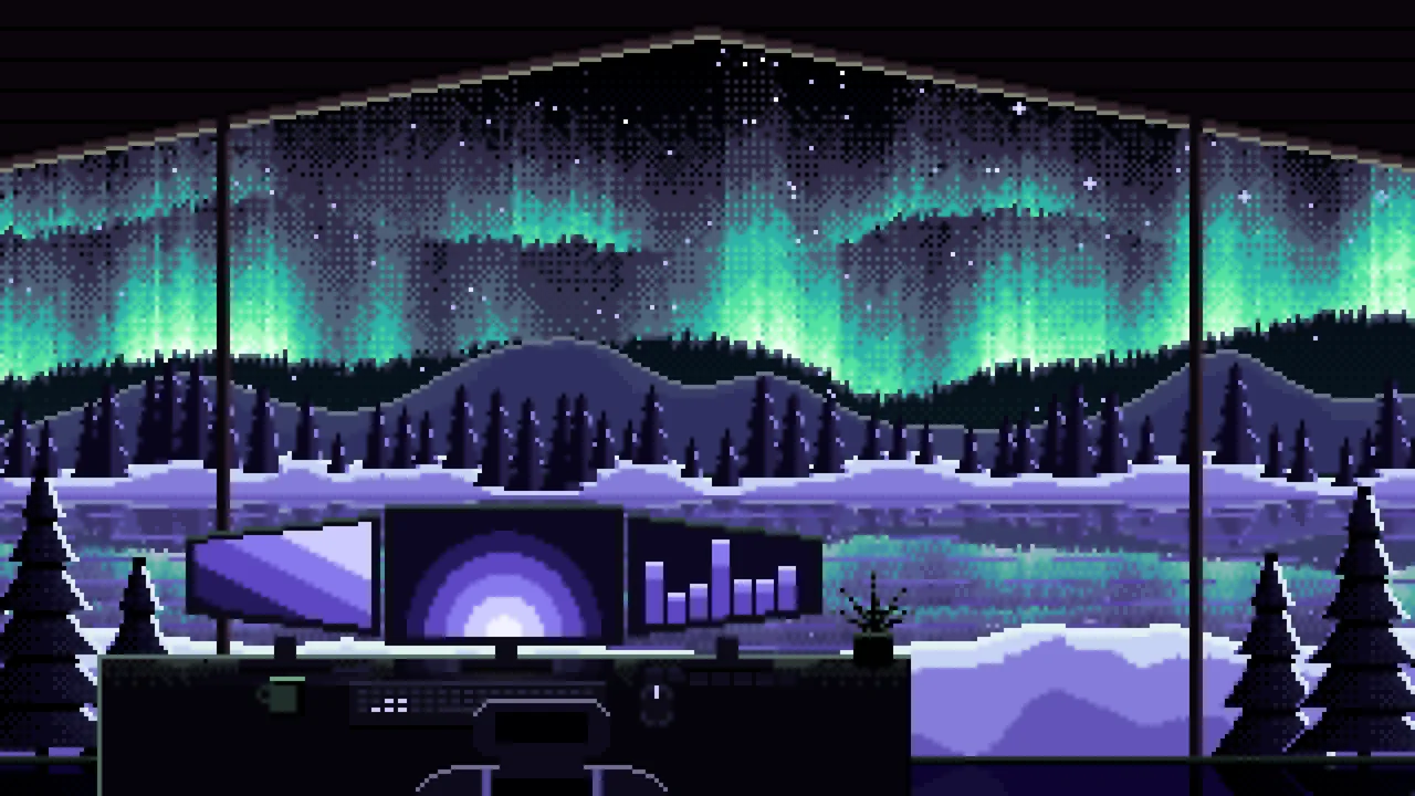 Black Pixel Art Gaming Setup Under the Northern Lights desktop wallpaper in 4K