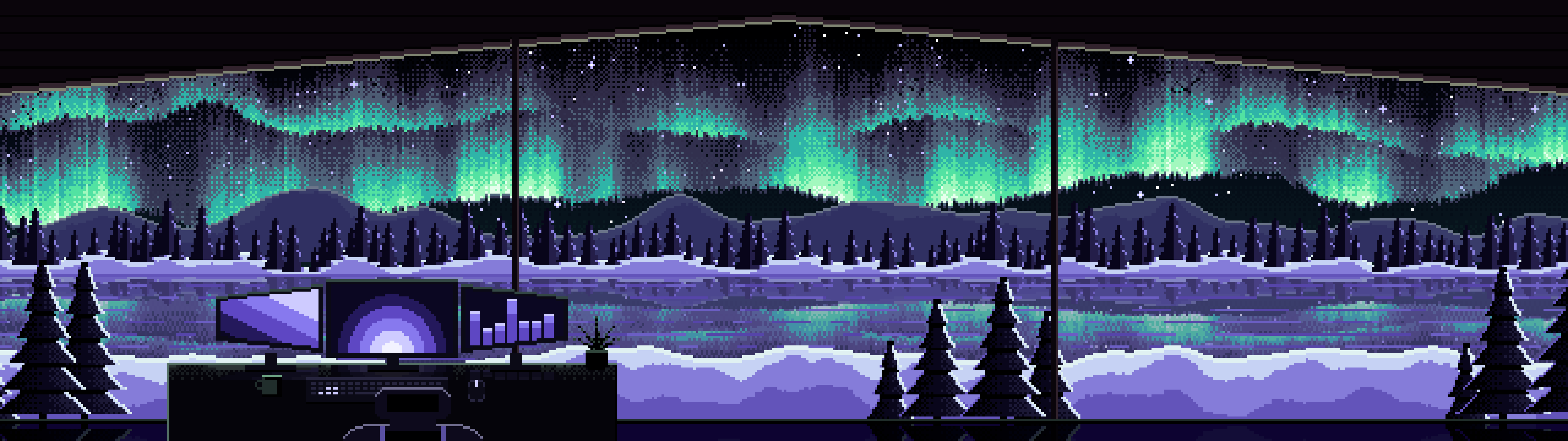 Black Pixel Art Gaming Setup Under the Northern Lights dual monitor wallpaper, 7680 × 2160