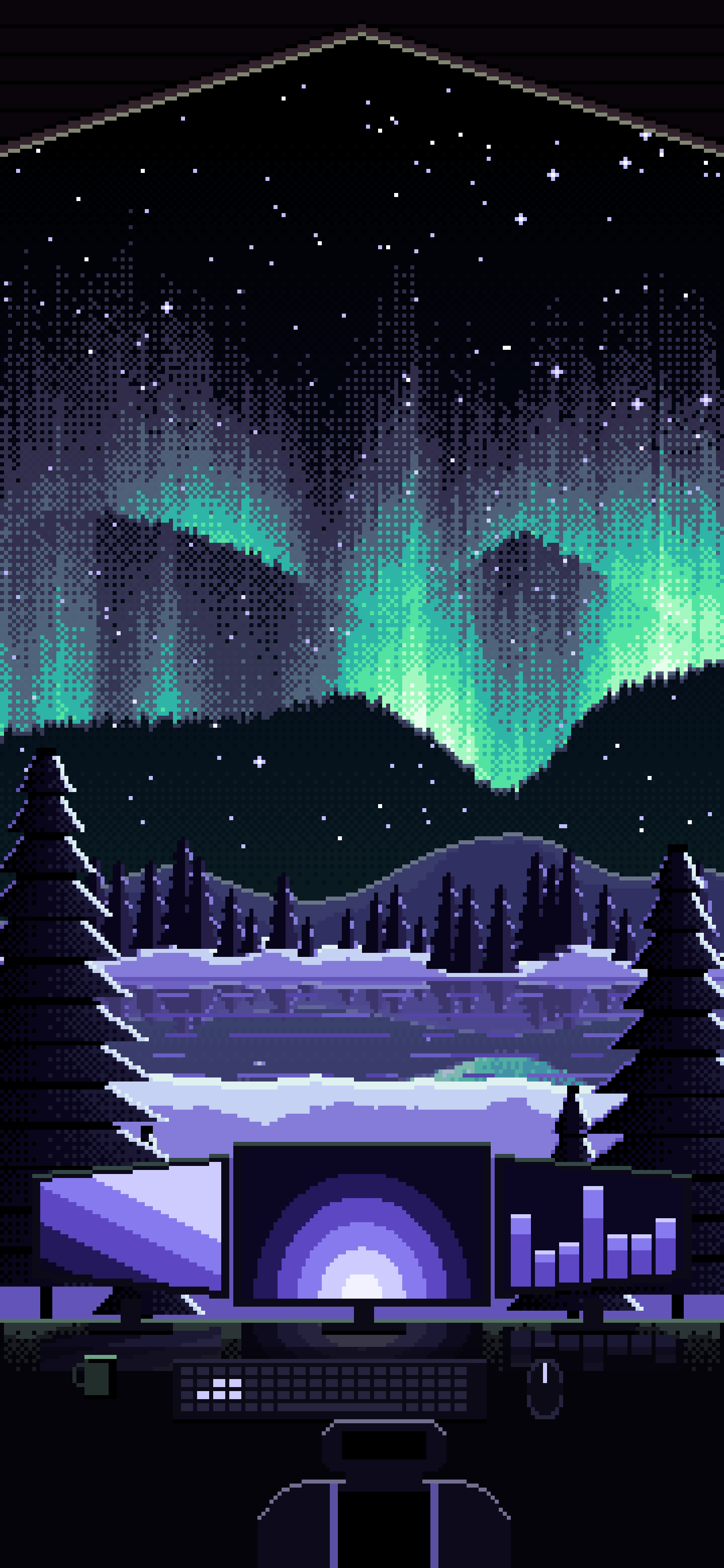 Black Pixel Art Gaming Setup Under the Northern Lights wallpaper for iPhone and Android