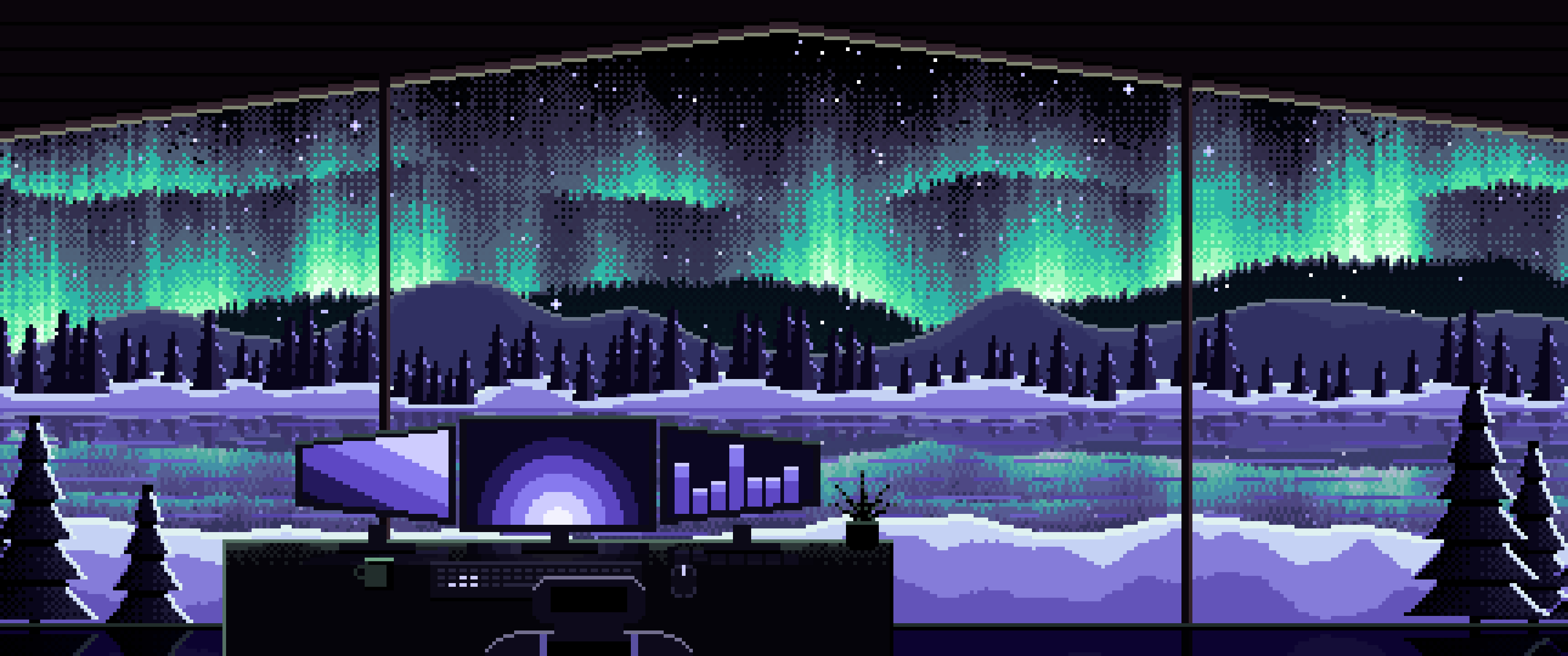 Black Pixel Art Gaming Setup Under the Northern Lights ultrawide wallpaper, 3440 × 1440