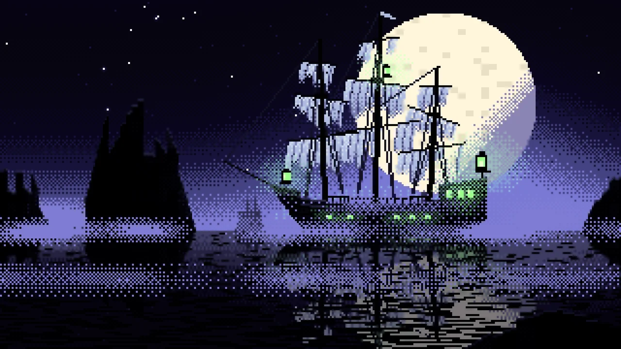 Black Pixel Art Ghost Ship in the Fog desktop wallpaper in 4K