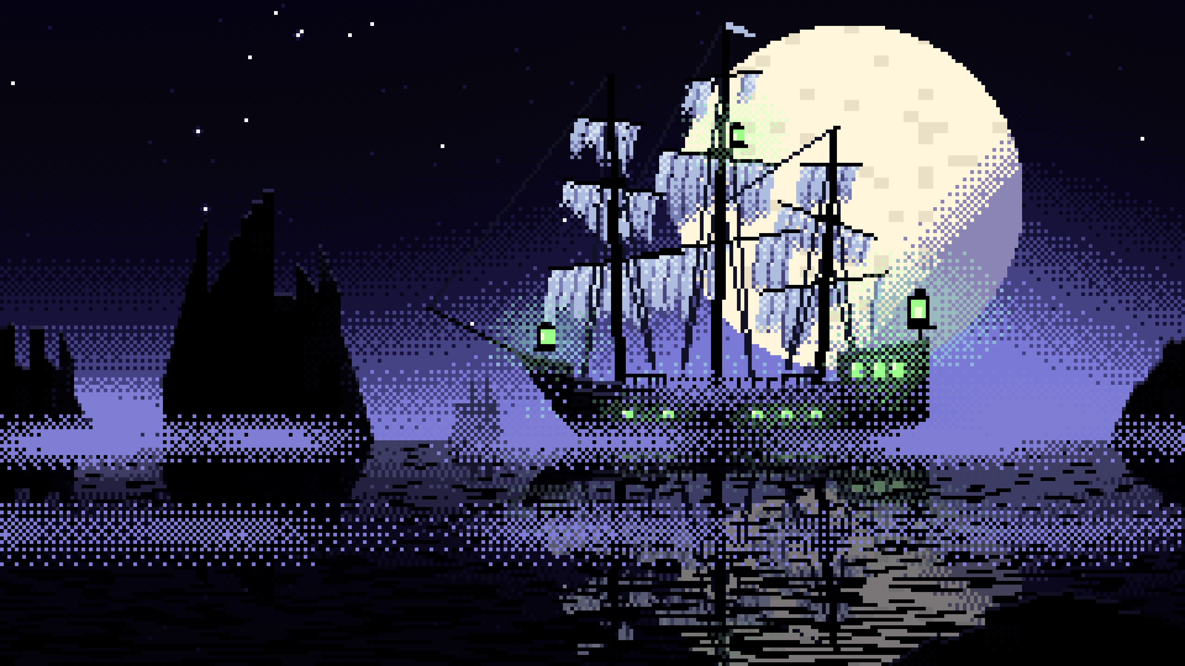 Black Pixel Art Ghost Ship in the Fog desktop wallpaper in 4K