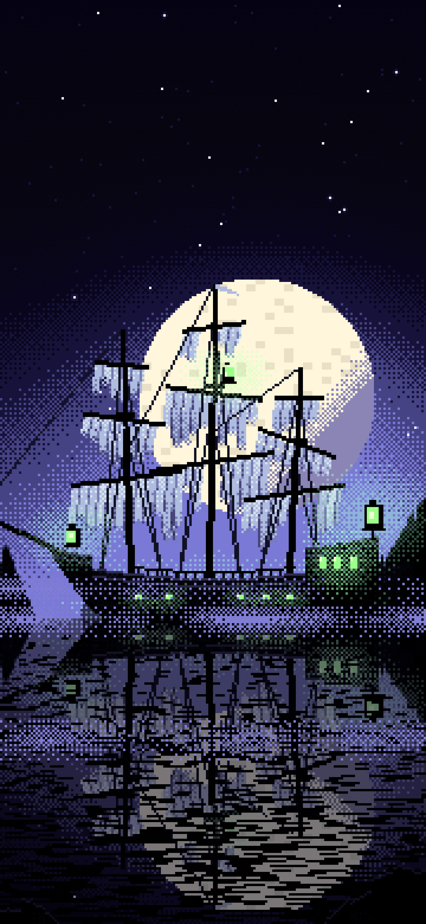 Black Pixel Art Ghost Ship in the Fog wallpaper for iPhone and Android