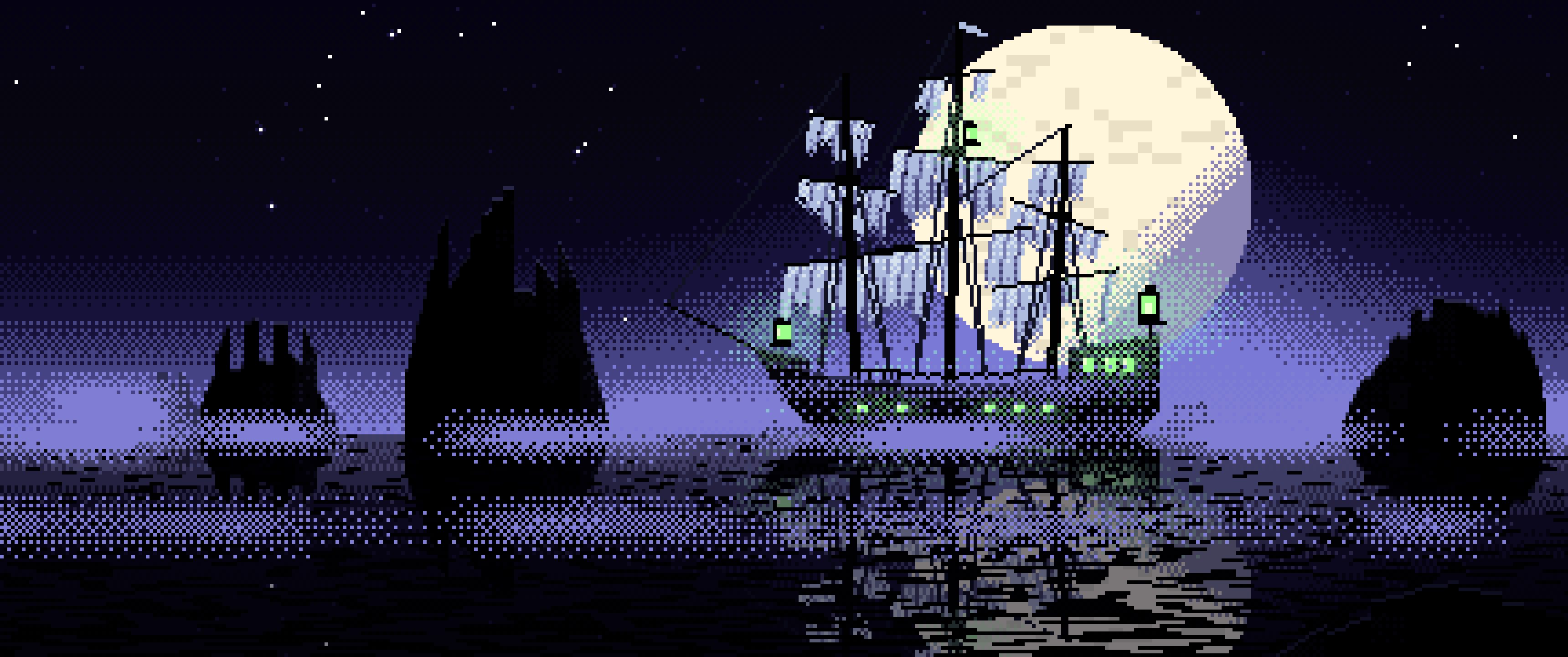 Black Pixel Art Ghost Ship in the Fog ultrawide wallpaper, 3440 × 1440
