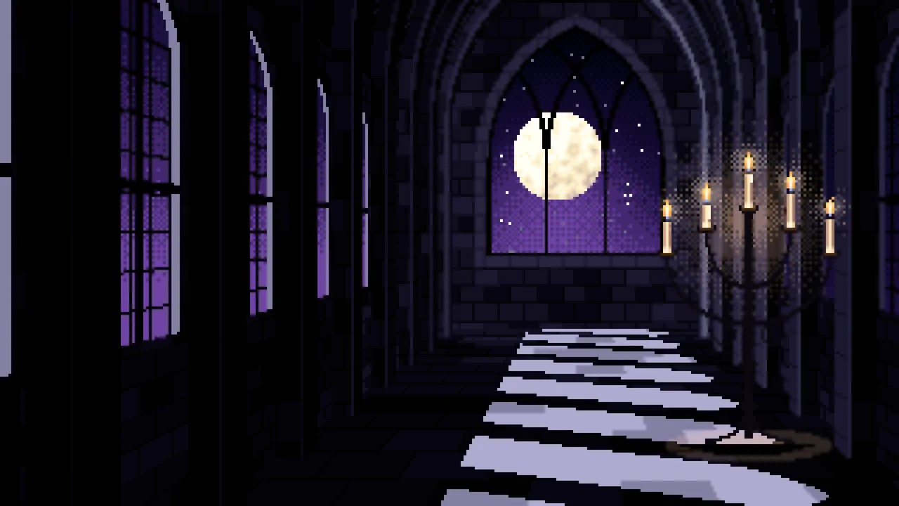 Black Pixel Art Gothic Hall by Moonlight desktop wallpaper in 4K