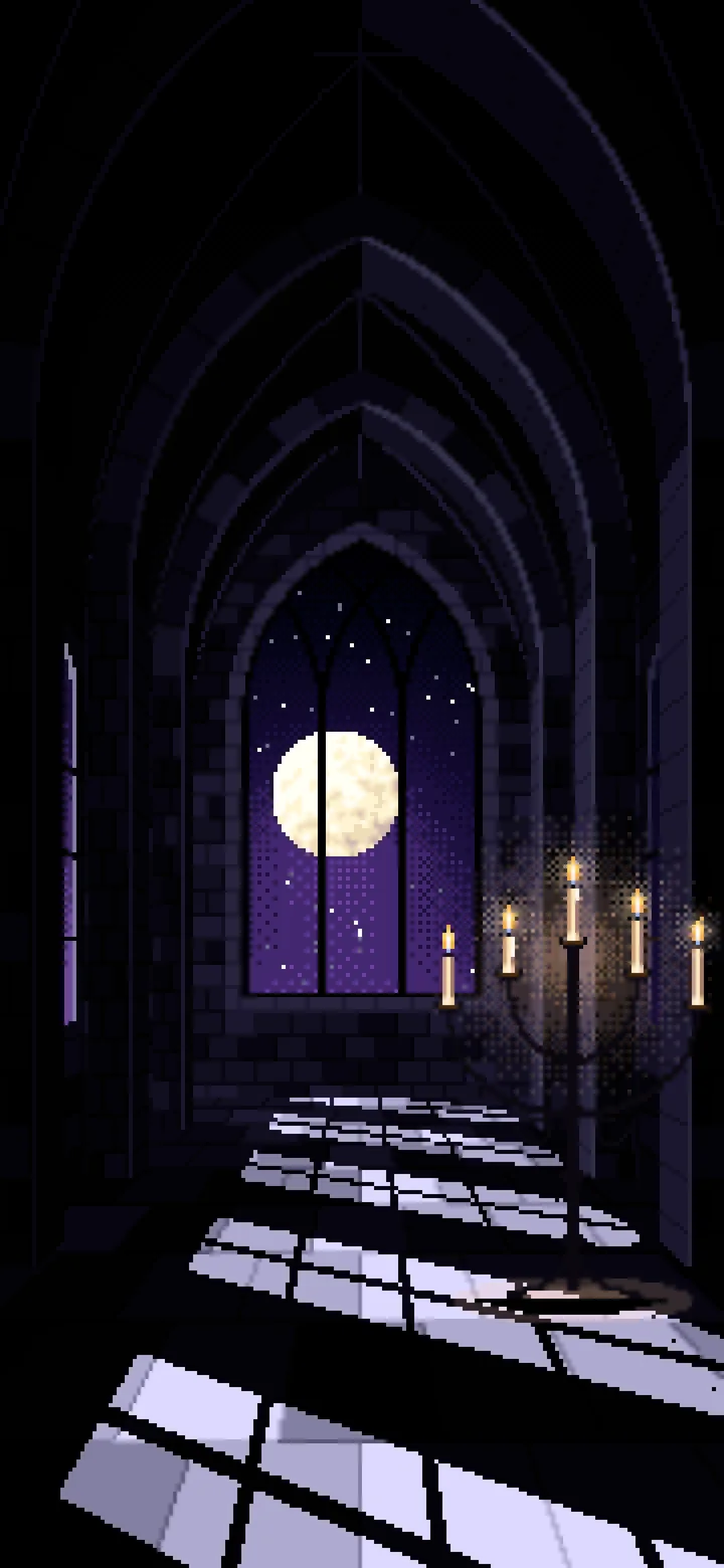 Black Pixel Art Gothic Hall by Moonlight wallpaper for iPhone and Android