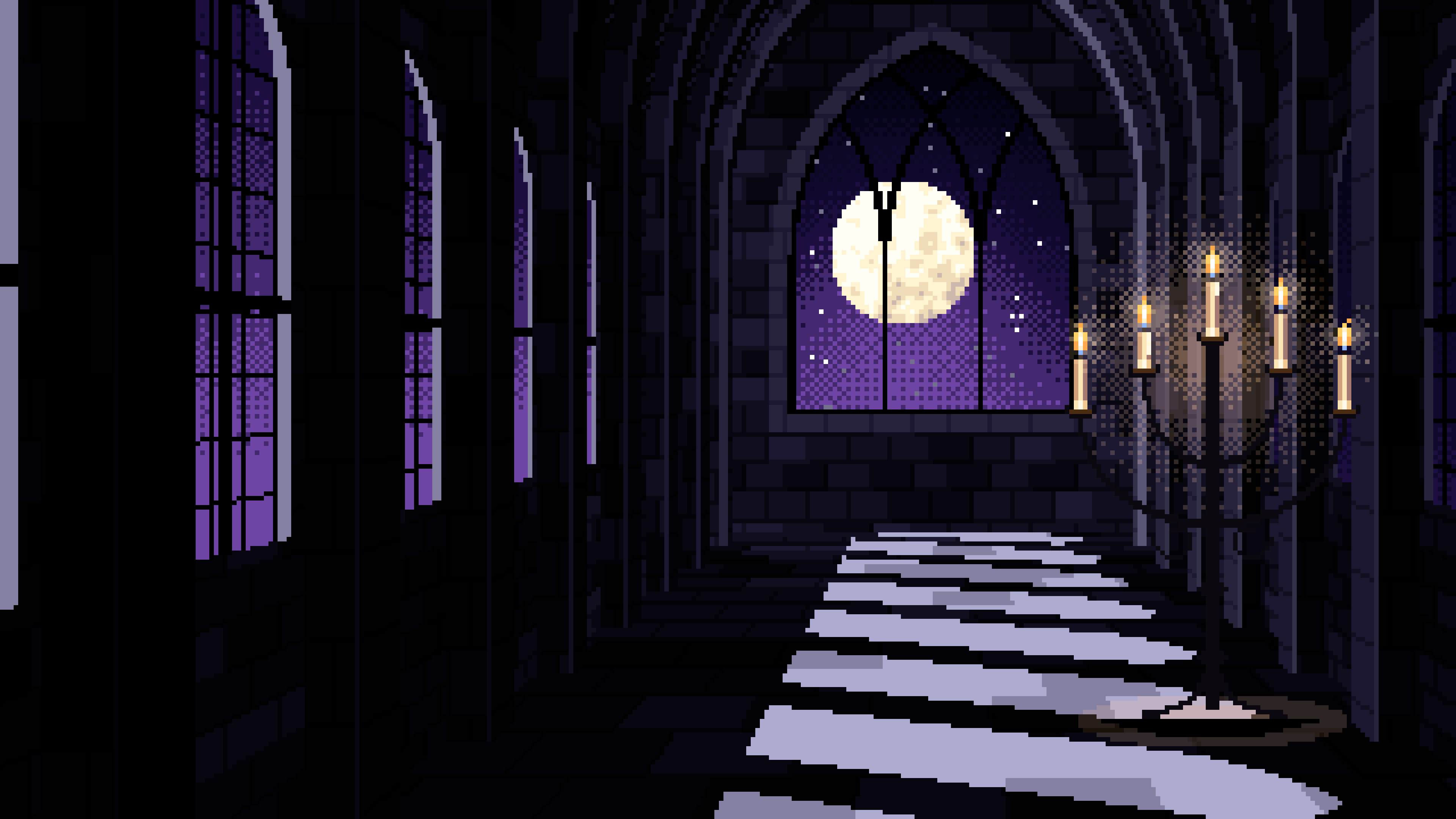 Black Pixel Art Gothic Hall by Moonlight desktop wallpaper in 4K