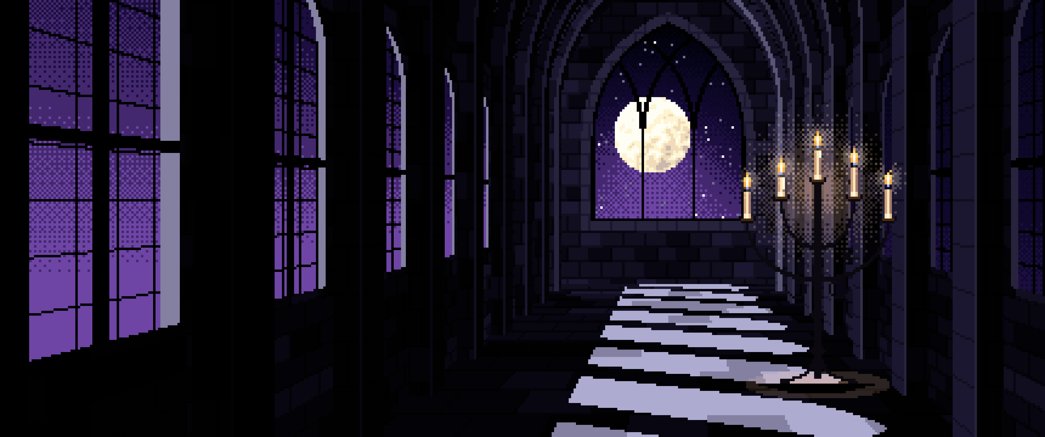Black Pixel Art Gothic Hall by Moonlight ultrawide wallpaper, 3440 × 1440